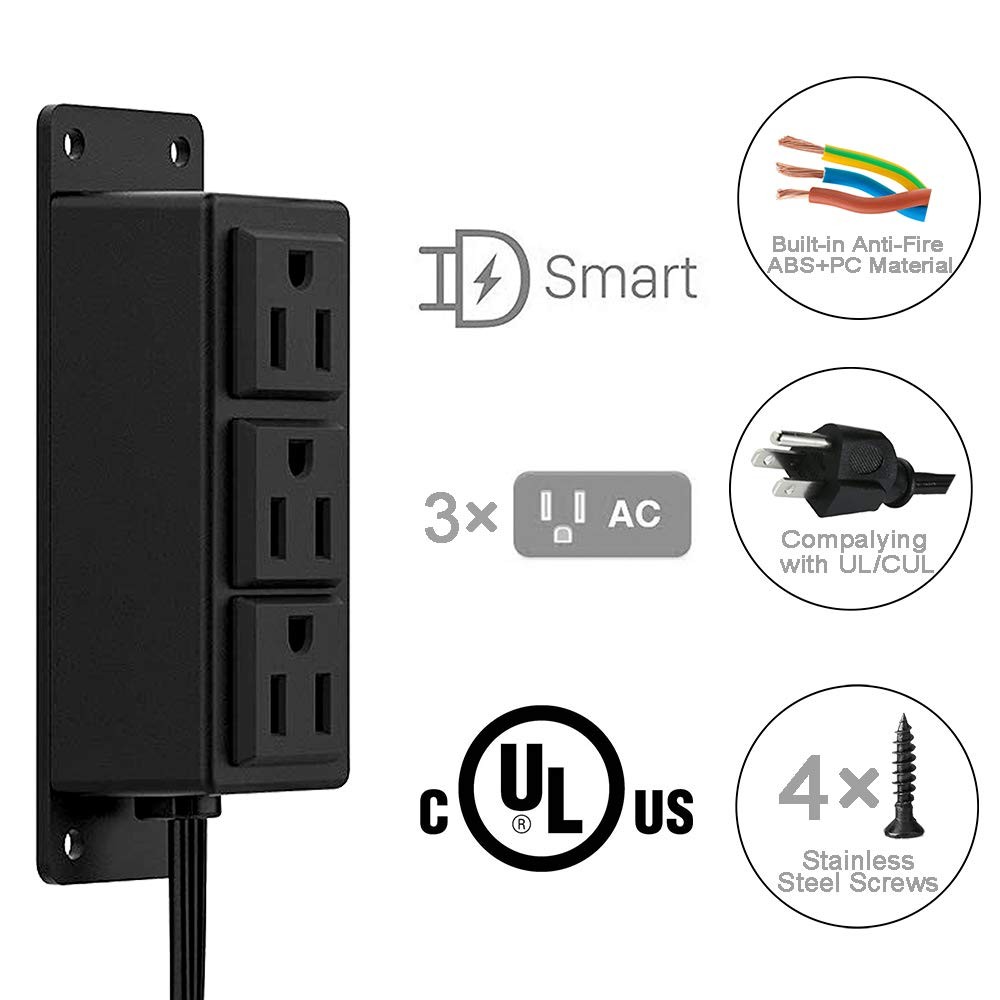 Surface Mounted Power Strip 3 AC Grounded Outlets Mountable Power Strip Socke...
