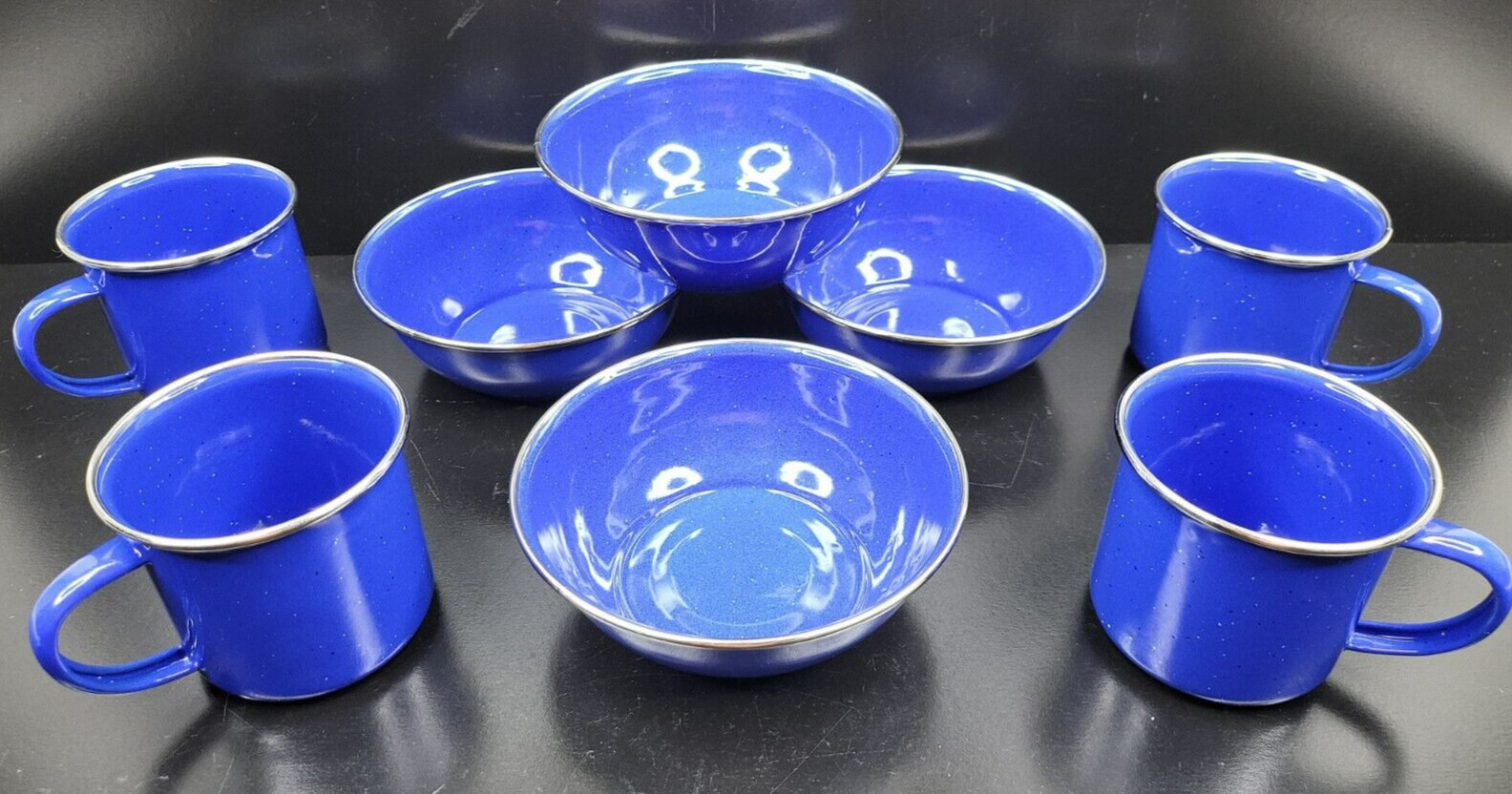 8 Pc Blue Speckle Enamelware Bowls Mugs Set Metal Dishes Camp Hunt Hike Fish Lot
