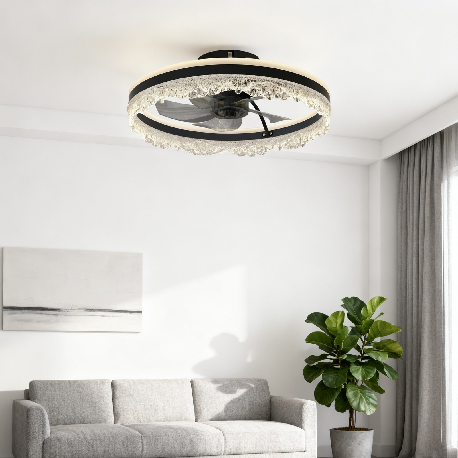 Modern 20" Flush Mount Ceiling Fan Light LED Fixture kit With Remote APP Control