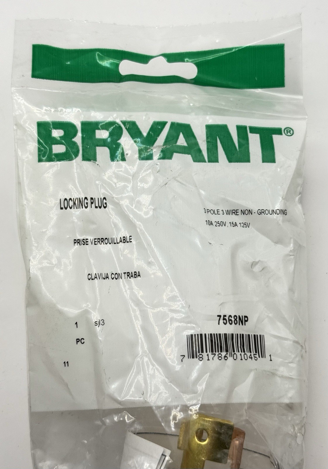 BRYANT Locking Plug 3 Pole 3 Wire Non-Grounding, Model: 7568NP