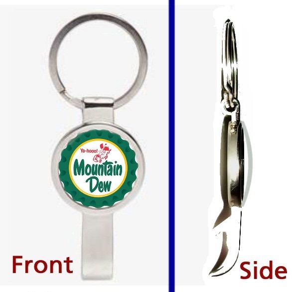 retro classic Mountain Mt. Dew Pennant Keychain silver tone secret bottle opener