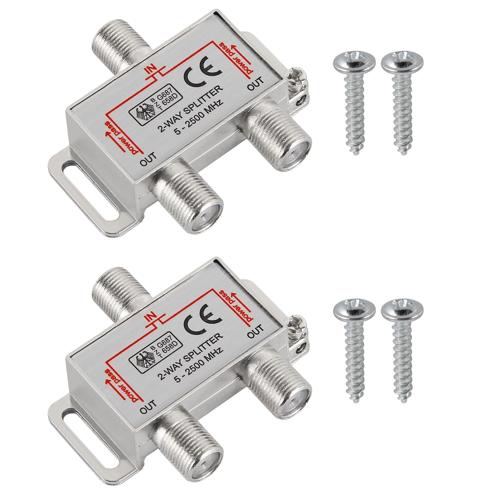 2pcs 2 Way Coax Cable Splitter 5-2300 MHz Indoor and Outdoor Waterproof Coaxi...