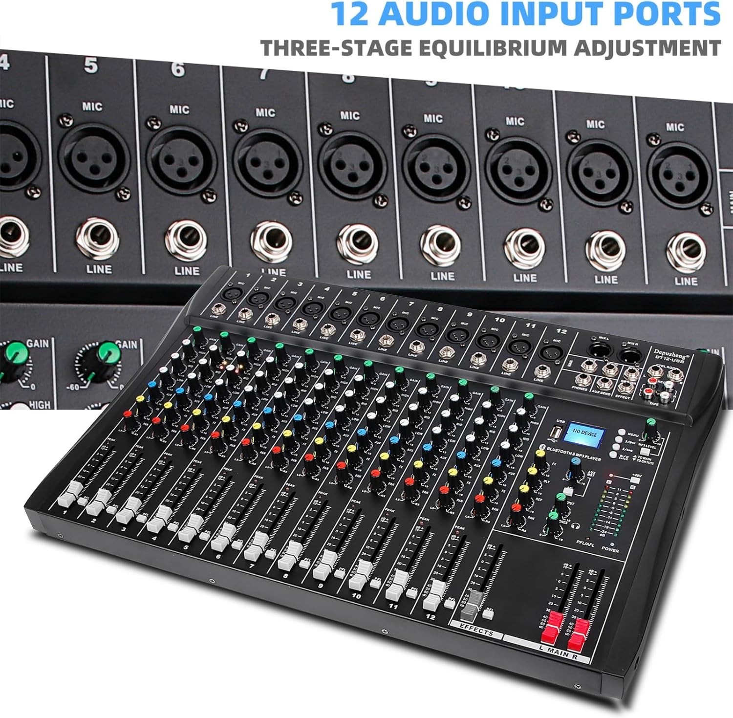 DT12 12-Channel DJ Audio Mixer with USB, Bluetooth, XLR & RCA Input