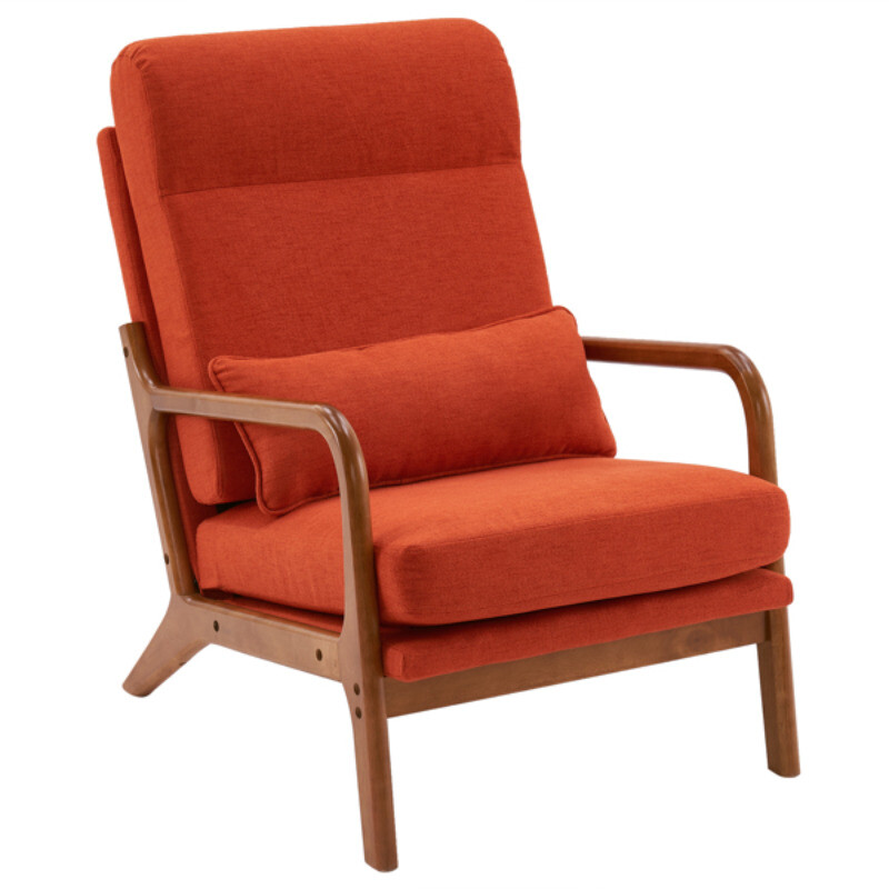 High Back Solid Wood Armrest Backrest Iron Frame Linen Leisure Chair Burnt