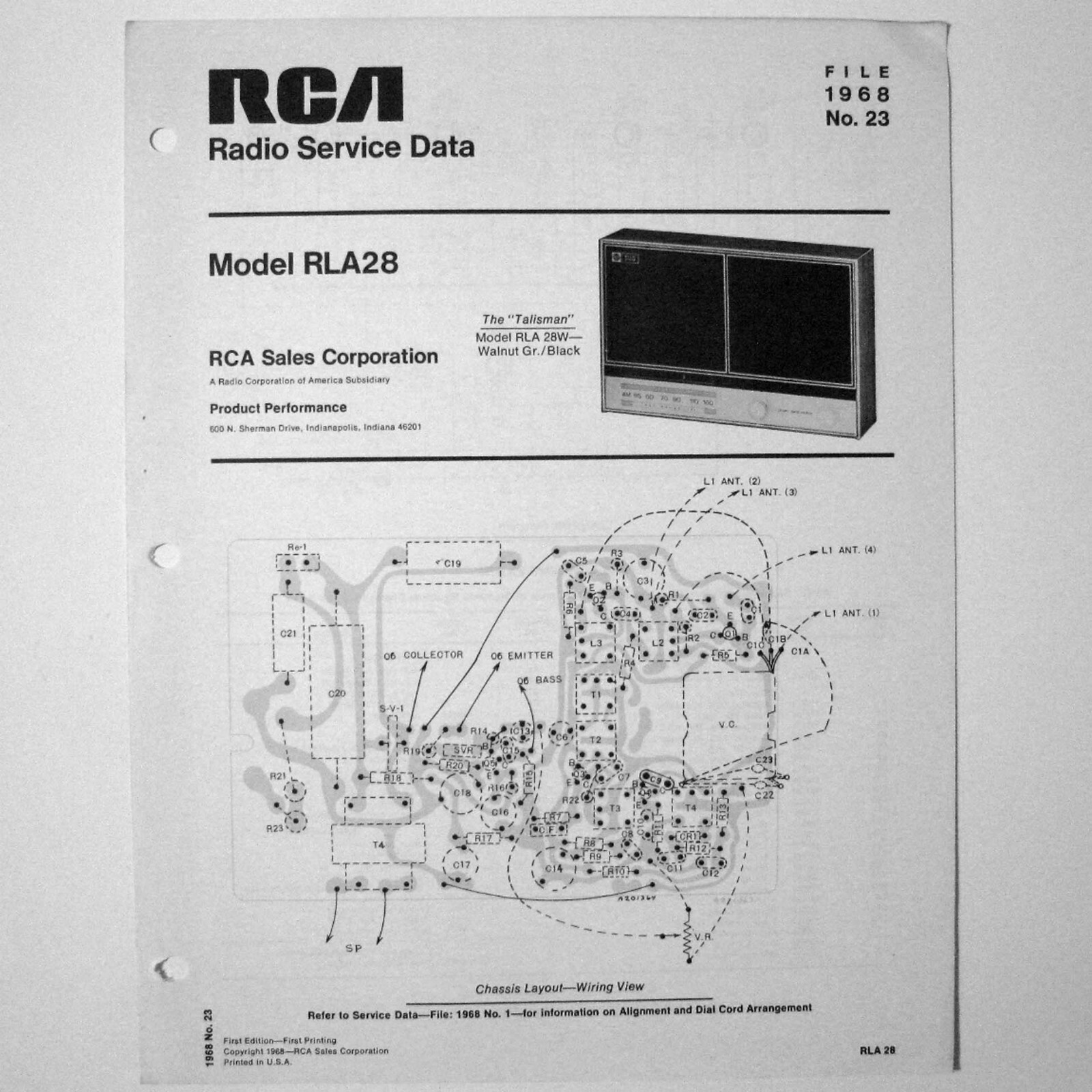 RCA ® Model RLA28 Portable Transistor Radio - Service Sheet © 1968
