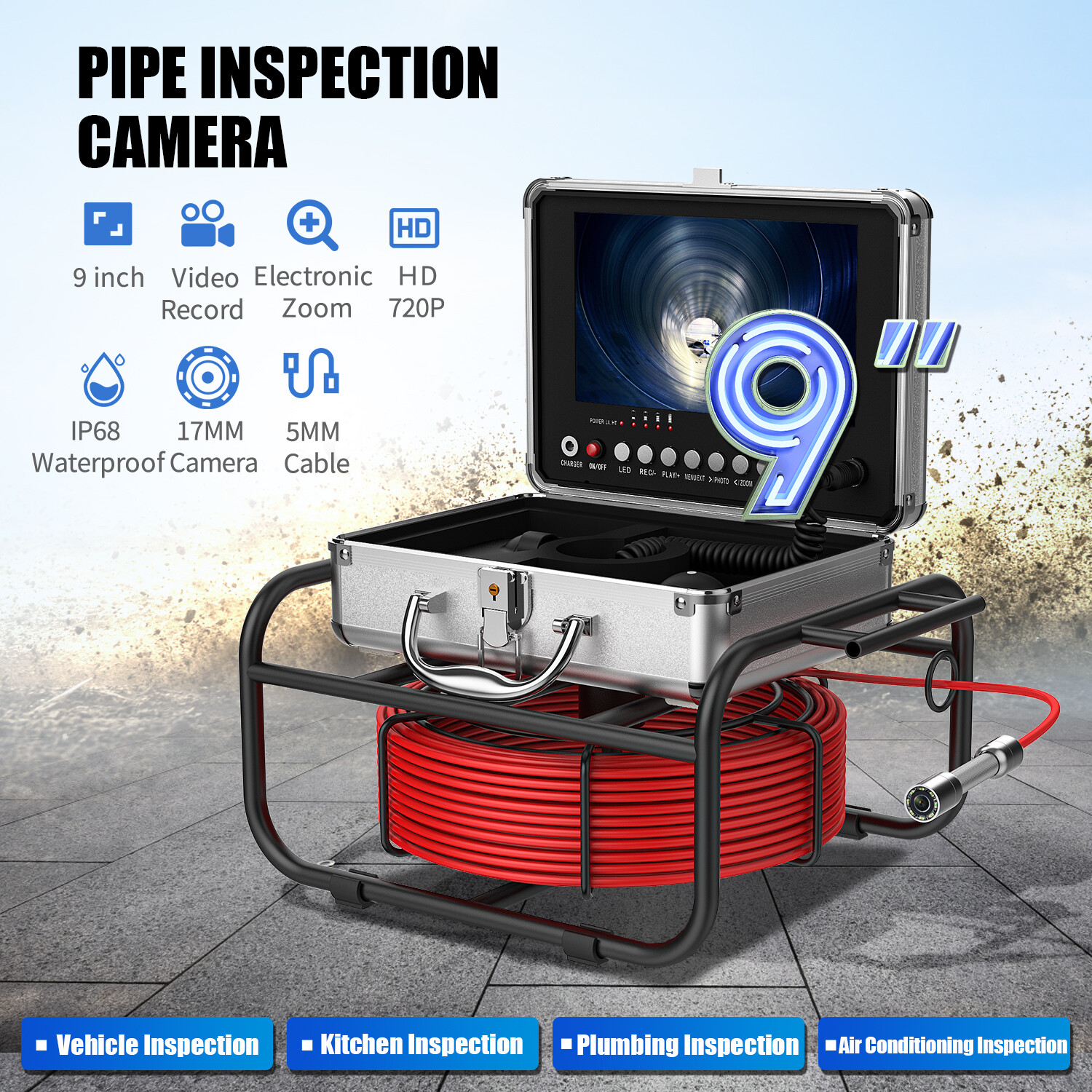 9" Monitor DVR 16GB 50M Pipe Inspection Camera Drain Sewer Industrial Endoscope