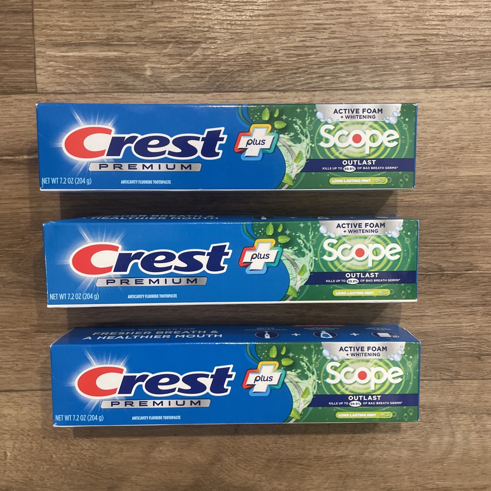 Lot of 3 Crest Plus Premium Toothpaste 7.2 oz each Mint Scope Outlast Whitening