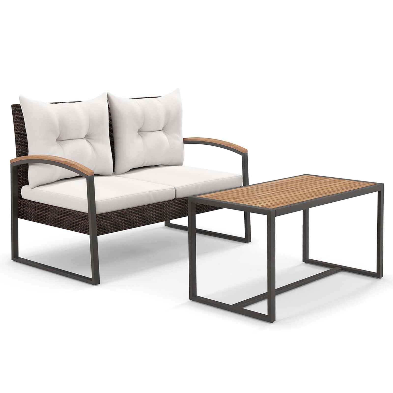 Set of 2 PE Wicker Furniture Set Loveseat w/ Acacia Wood Coffee Table Patio