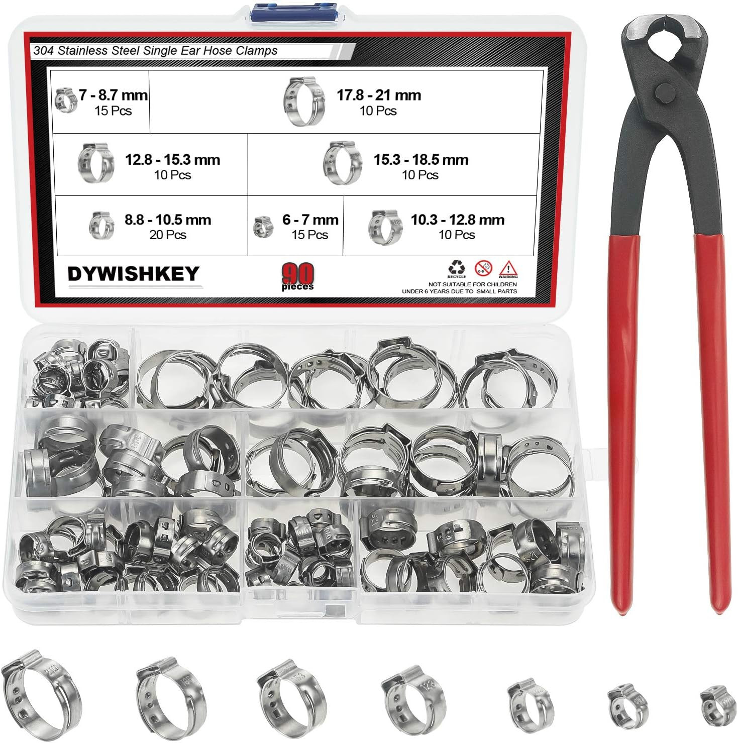 304 Stainless Steel Single Ear Hose Clamps 90 PCS Kit with Pincers Universal