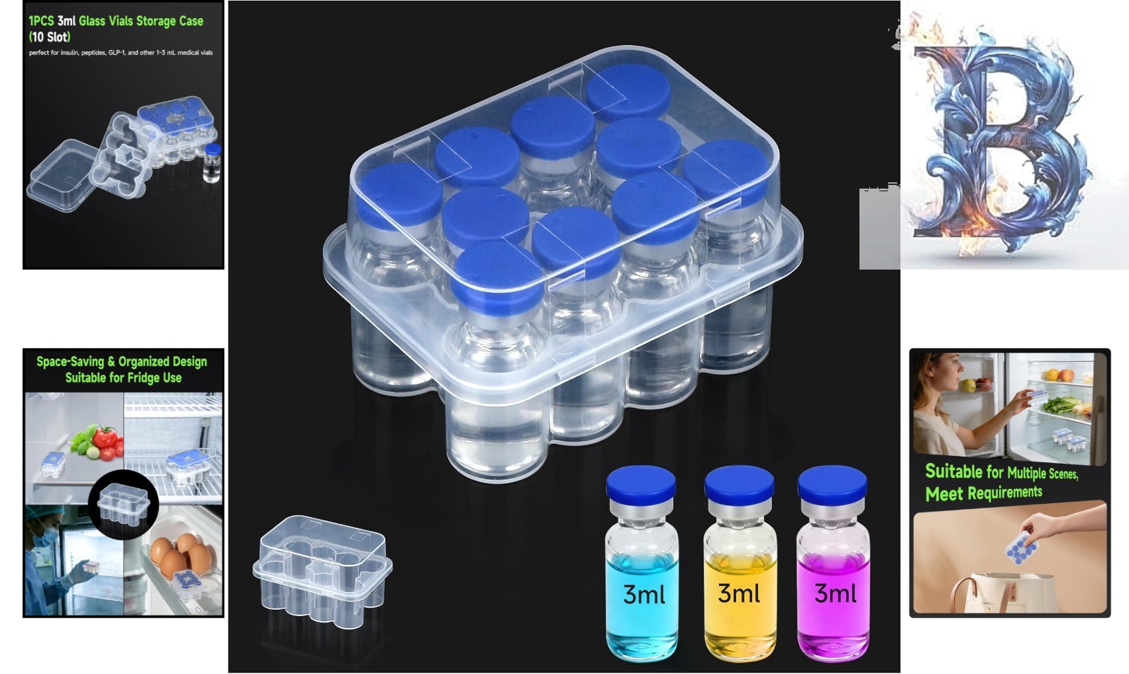 10-Slot 3ml Insulin Vial Storage Case - Secure & Transparent Organizing Solution