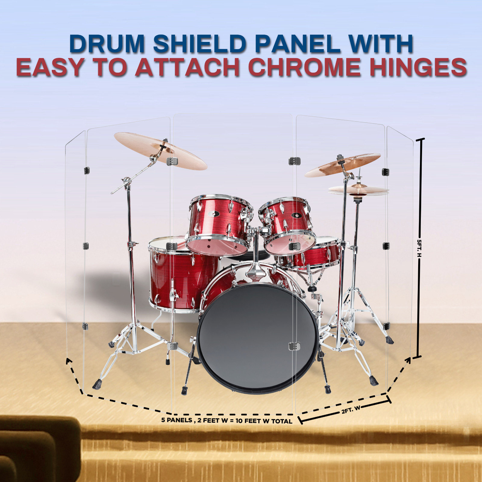 DS4 Professional Drum Shield - Five Clear Acrylic Panels with Chrome Hinges