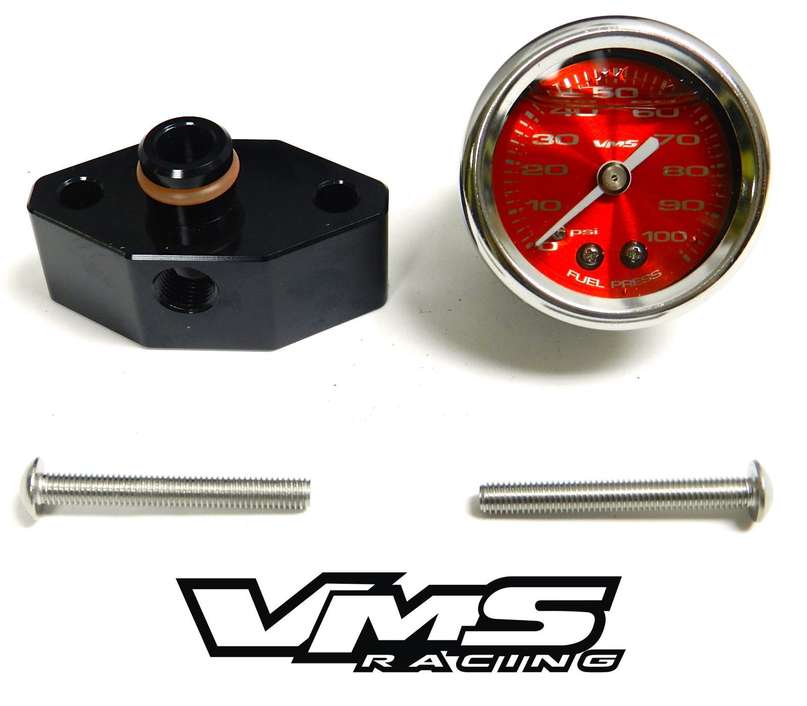 VMS 05-10 MUSTANG 1 1/2" 100PSI RED FUEL PRESSURE GAUGE LIQUID FILLED ADAPTER