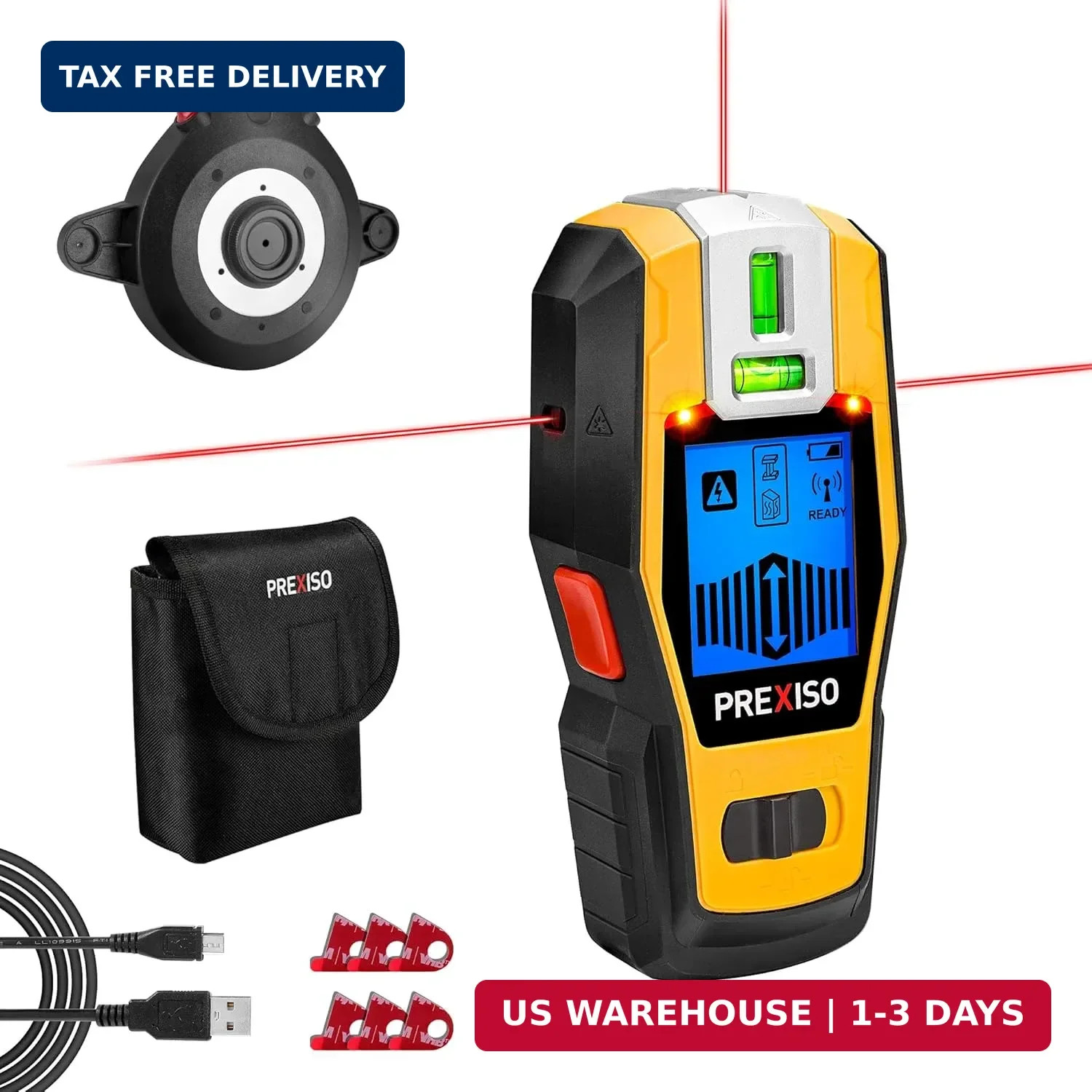 PREXISO 2-in-1 Stud Finder with Laser Level, Rechargeable Cross Line Laser | Mul