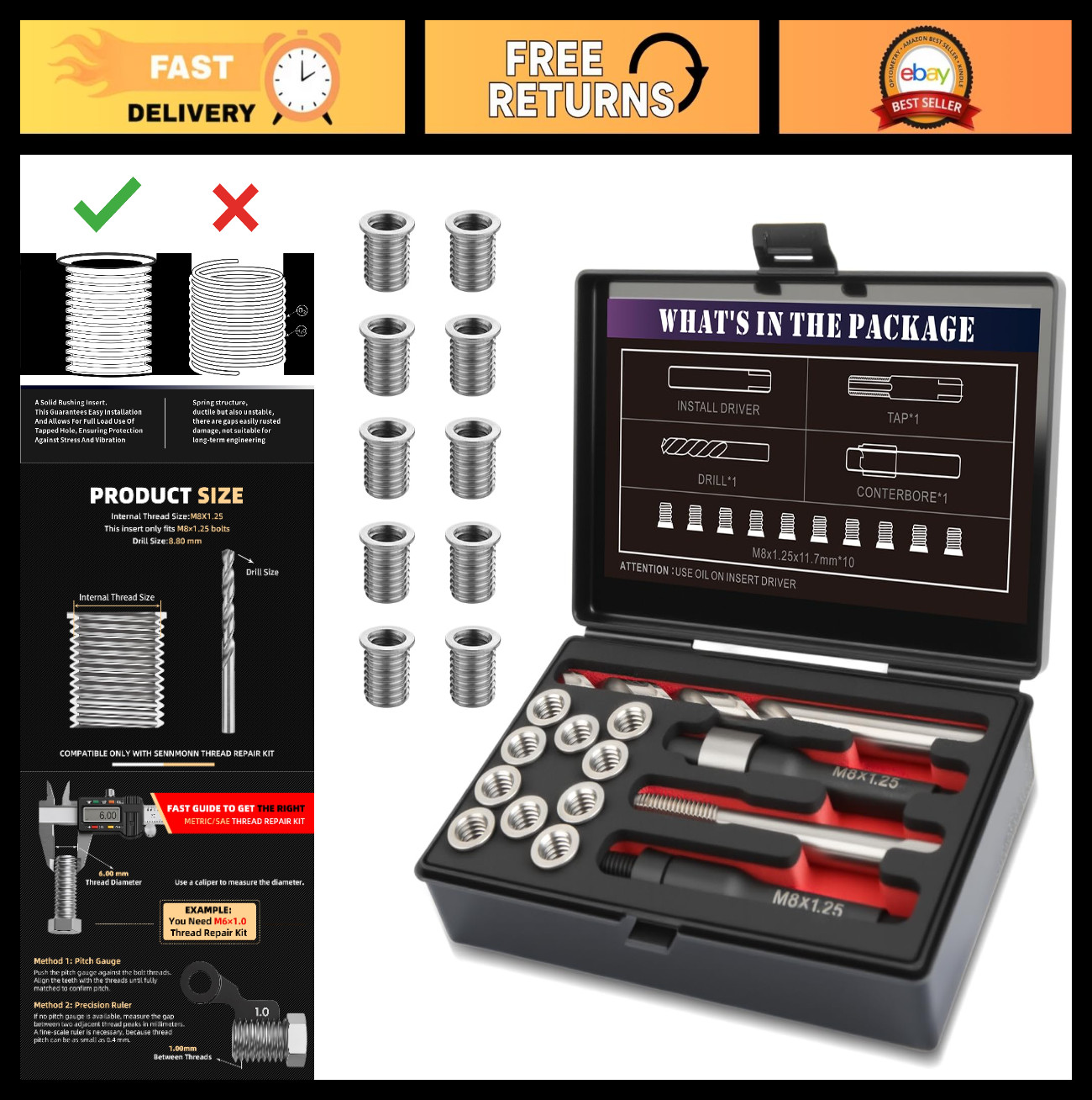 M8x1.25 Thread Repair Kit - 10 Stainless Steel Inserts, HSS Drill & Tap Tool Set