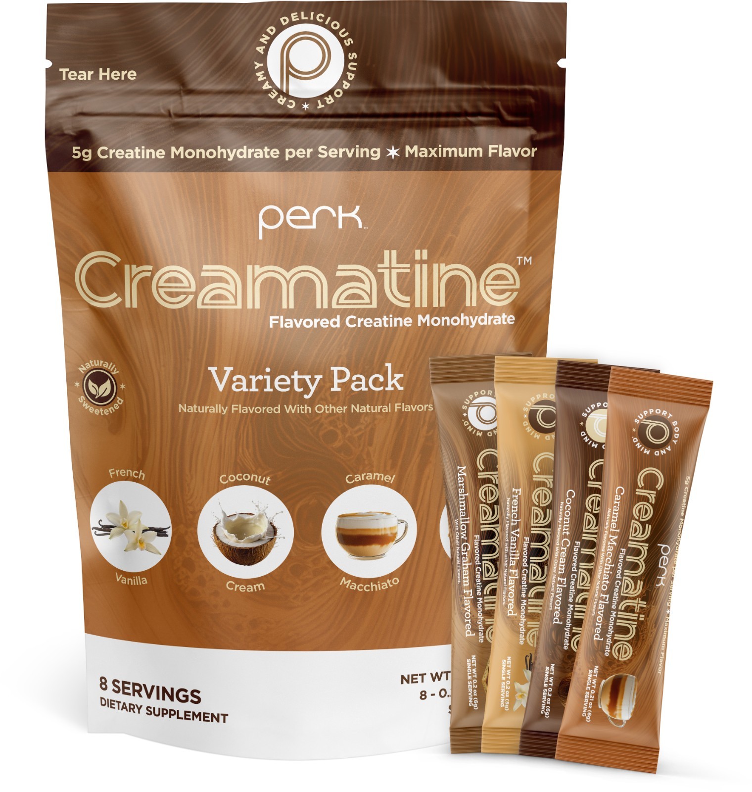 Perk Creamatine (Variety Pack) 8 Stick Packs - Flavored Creatine Monohydrate