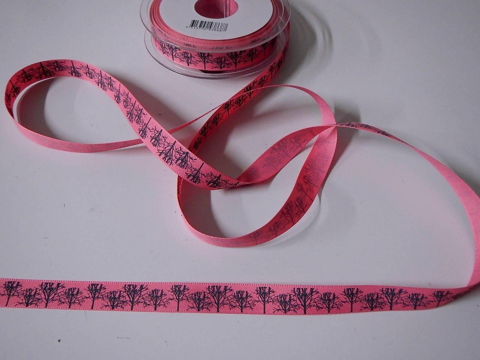 Ribbon Candy Pink with Tree like Pattern 15mm x 20 metres