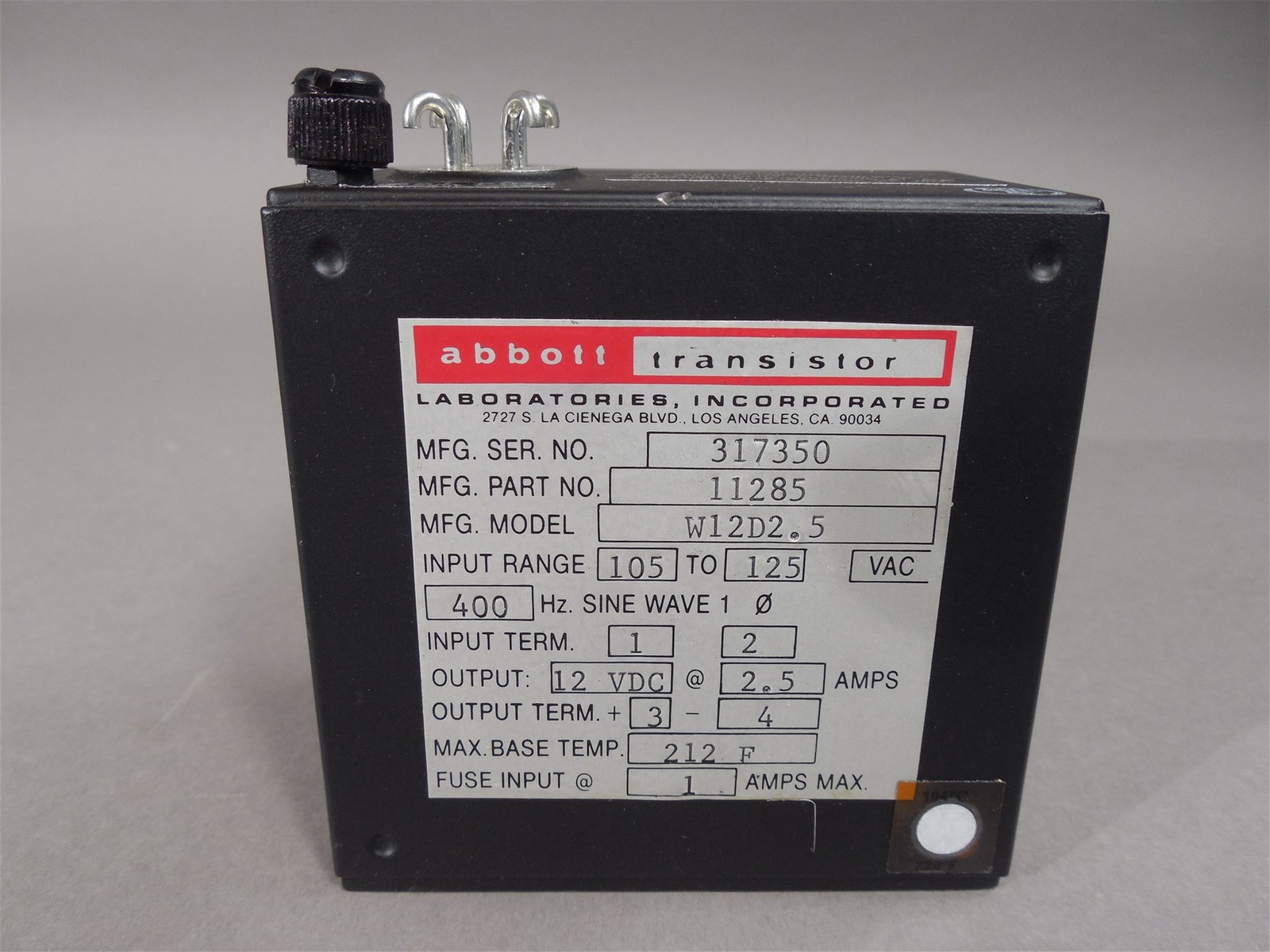 NOS Abbott 11285 Transistor Model W12D2.5 Input: 115VAC 400hz Output: 12VDC@2.5A
