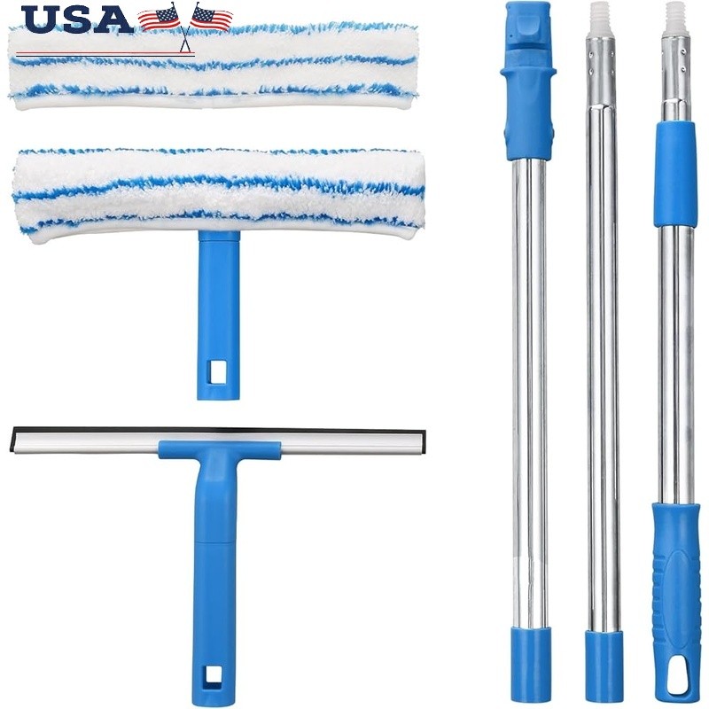Window Cleaning Kit Squeegee Microfiber Scrubber Telescopic Handle Home Tool New
