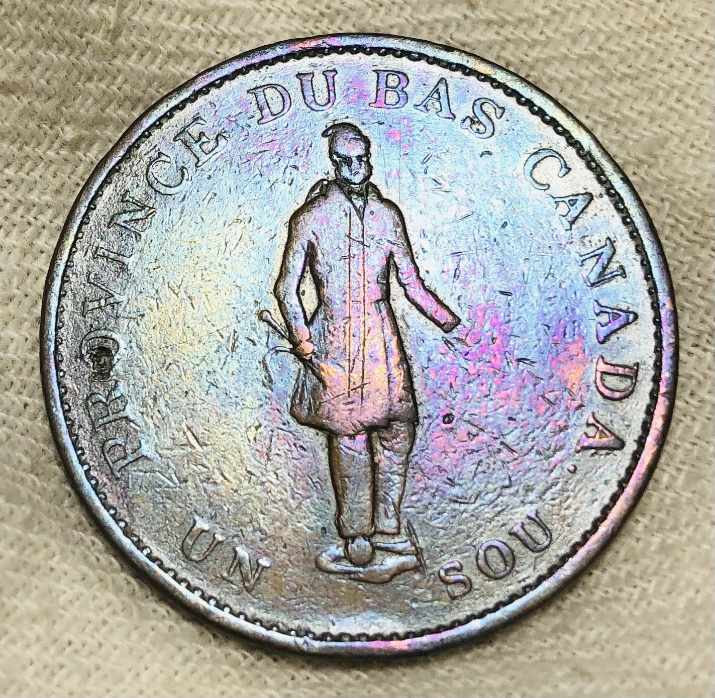 TONED 1837 Lower Canada Quebec 1 Sou Halfpenny Bank Token Concordia Salvs Coin