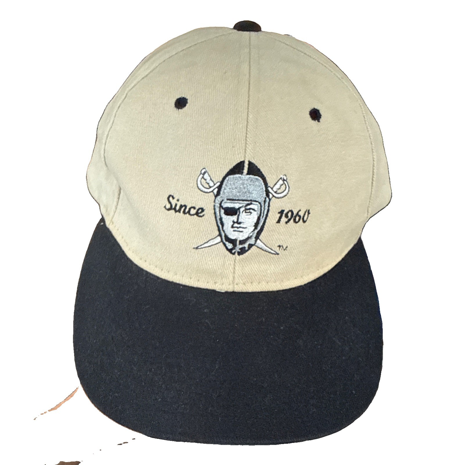 Raiders Logo on Front Since 1960 Tan w Black Bill Champion Brand Shows Wear