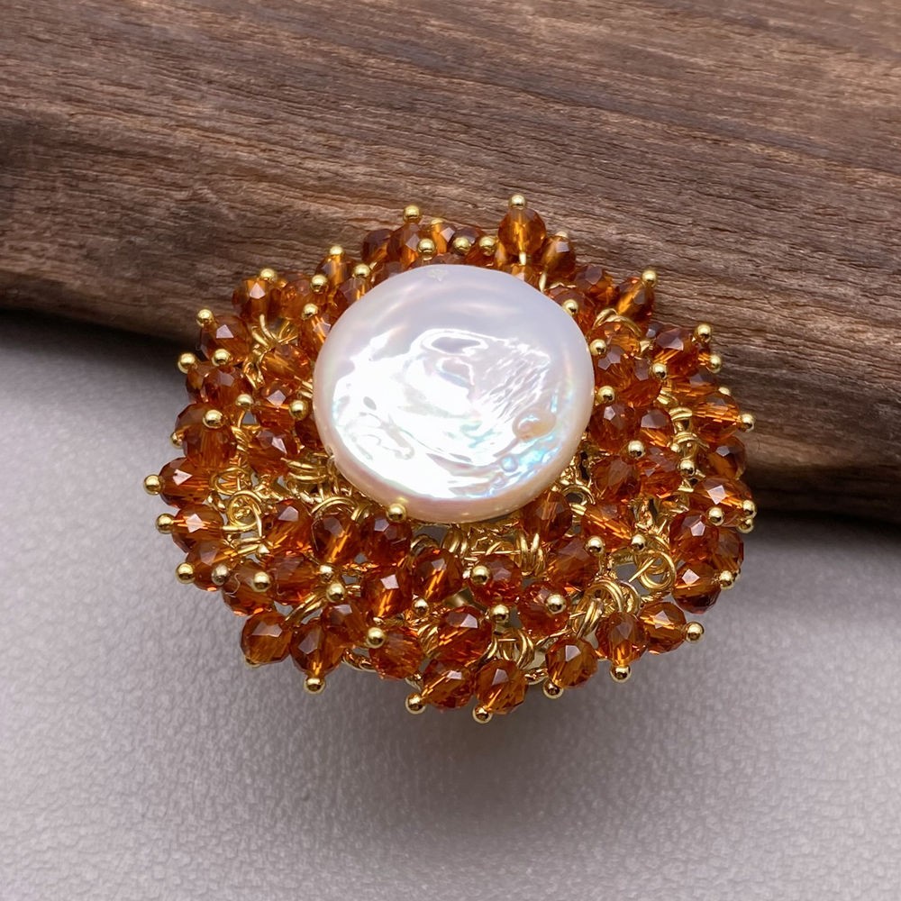 Cultured White Coin Pearl Brown Crystal Gold Plated Party Adjustable Ring
