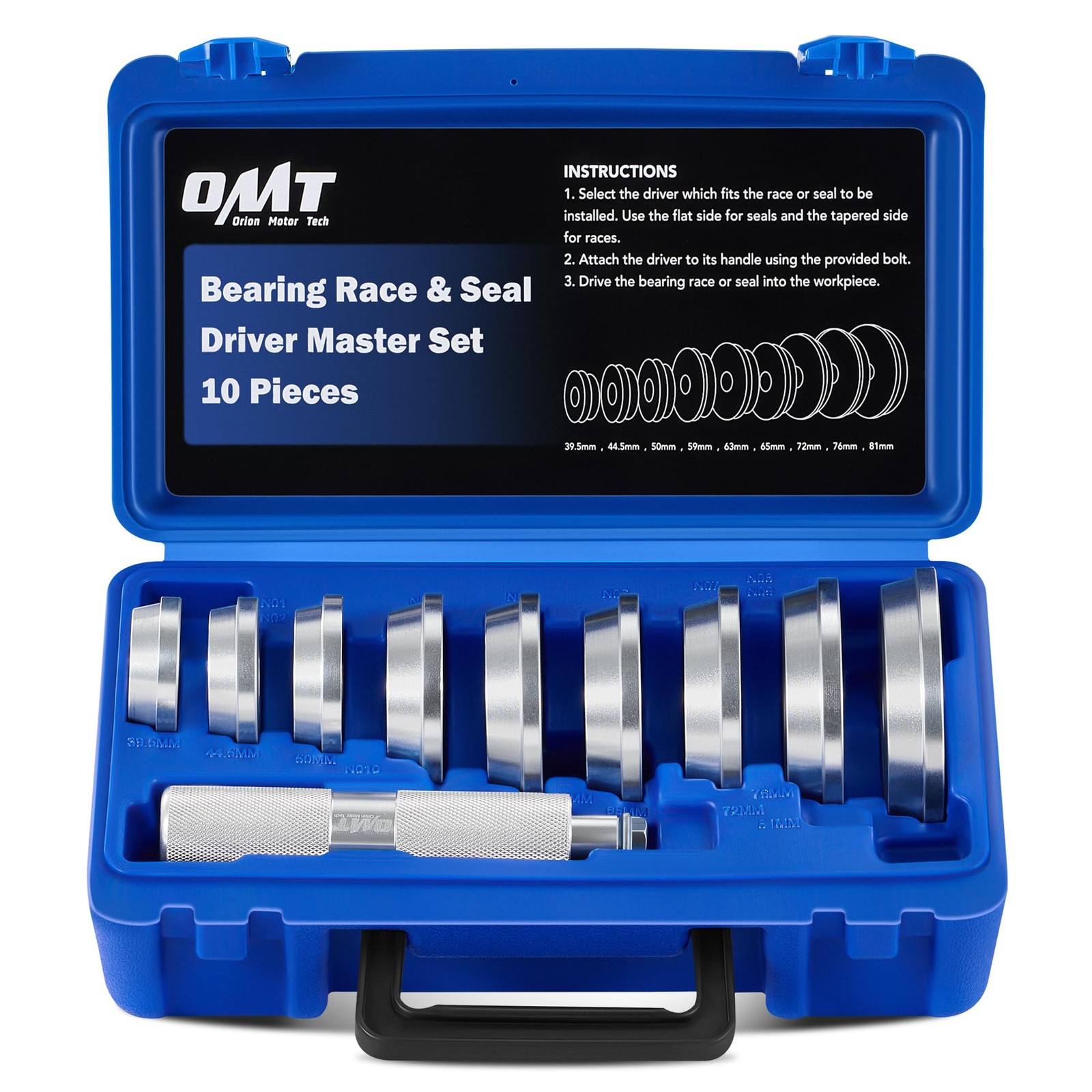 OMT Bearing Press Kit, 10pc Race and Seal 39.5 to 81 mm, Blue Case