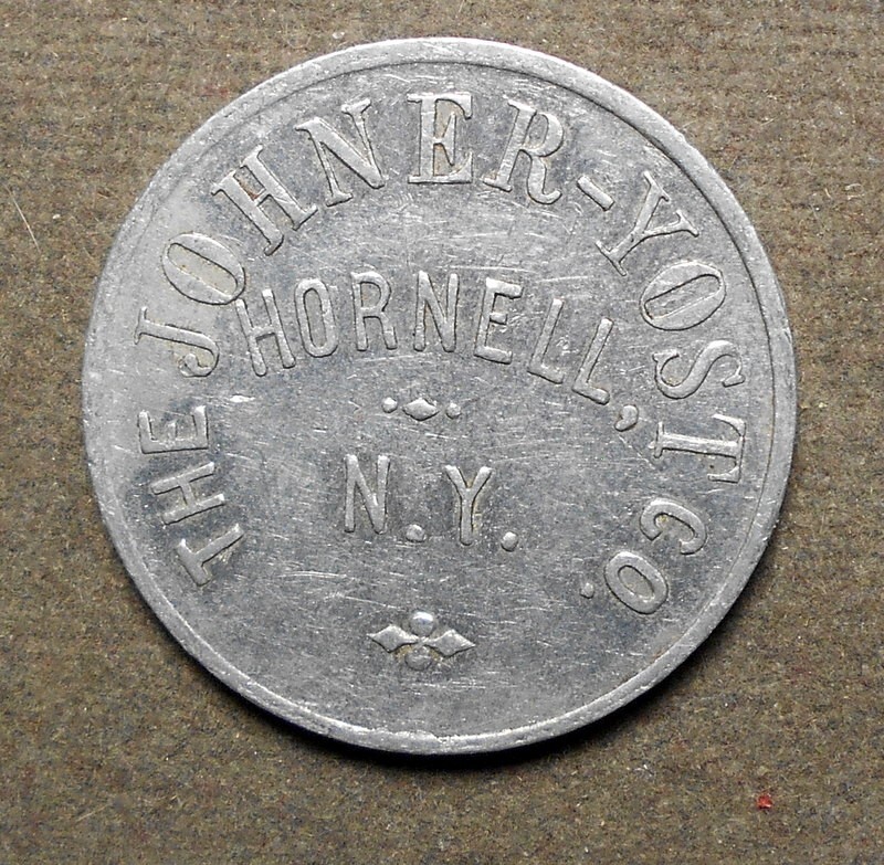 Hornell, N.Y., The Johner – Yost Co.   5c Check. Aluminum, 25mm