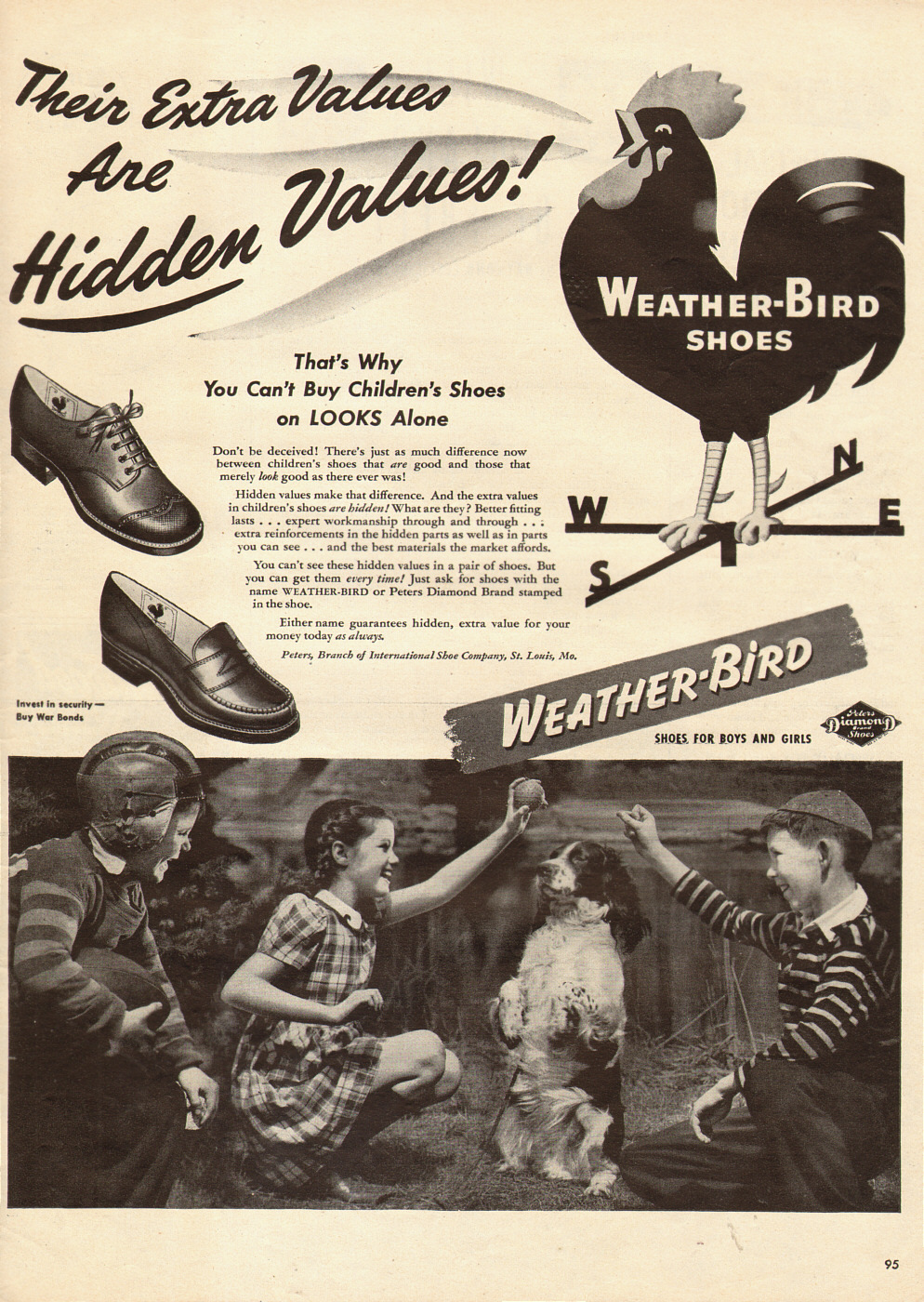 1944 WW2 era AD WEATHER BIRD Children's Shoes English Cocker Buy War Bond 010315