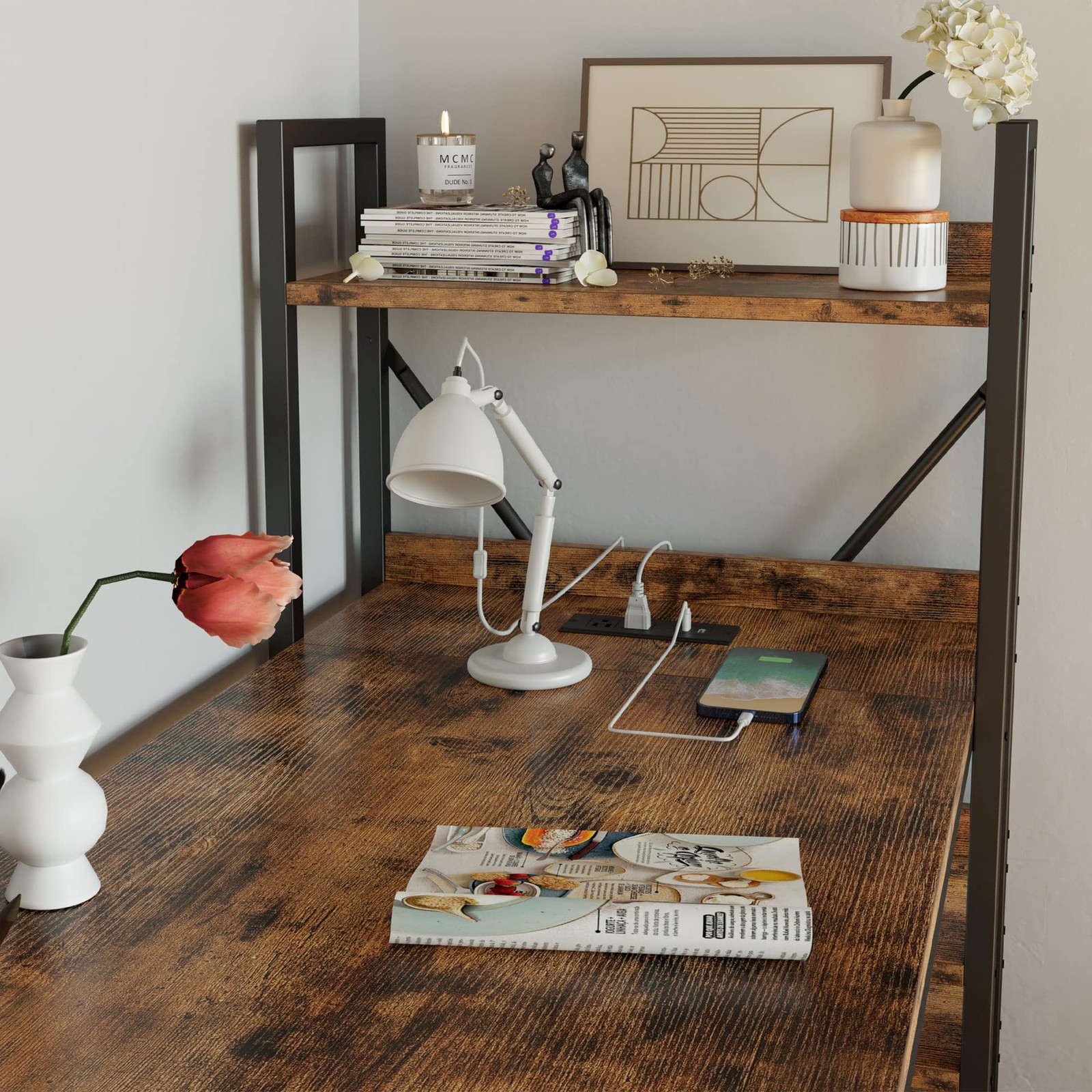 Computer Desk 55" with Power Outlet and Storage Shelves,Rustic Brown