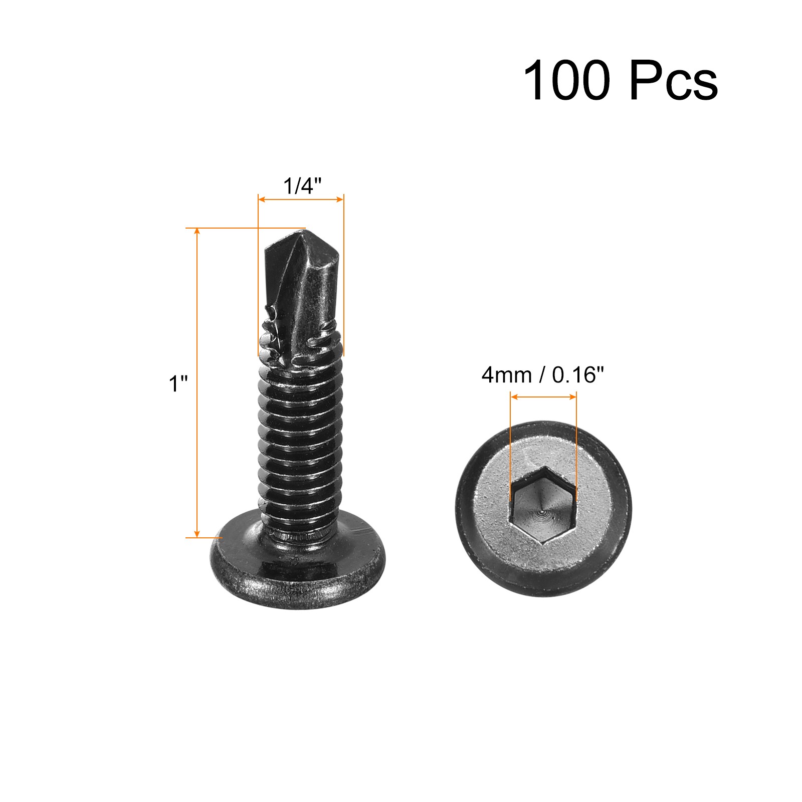 100 Set Hex Socket Self Tapping Screws 1/4 x 1" Stainless Steel Flat Head Black