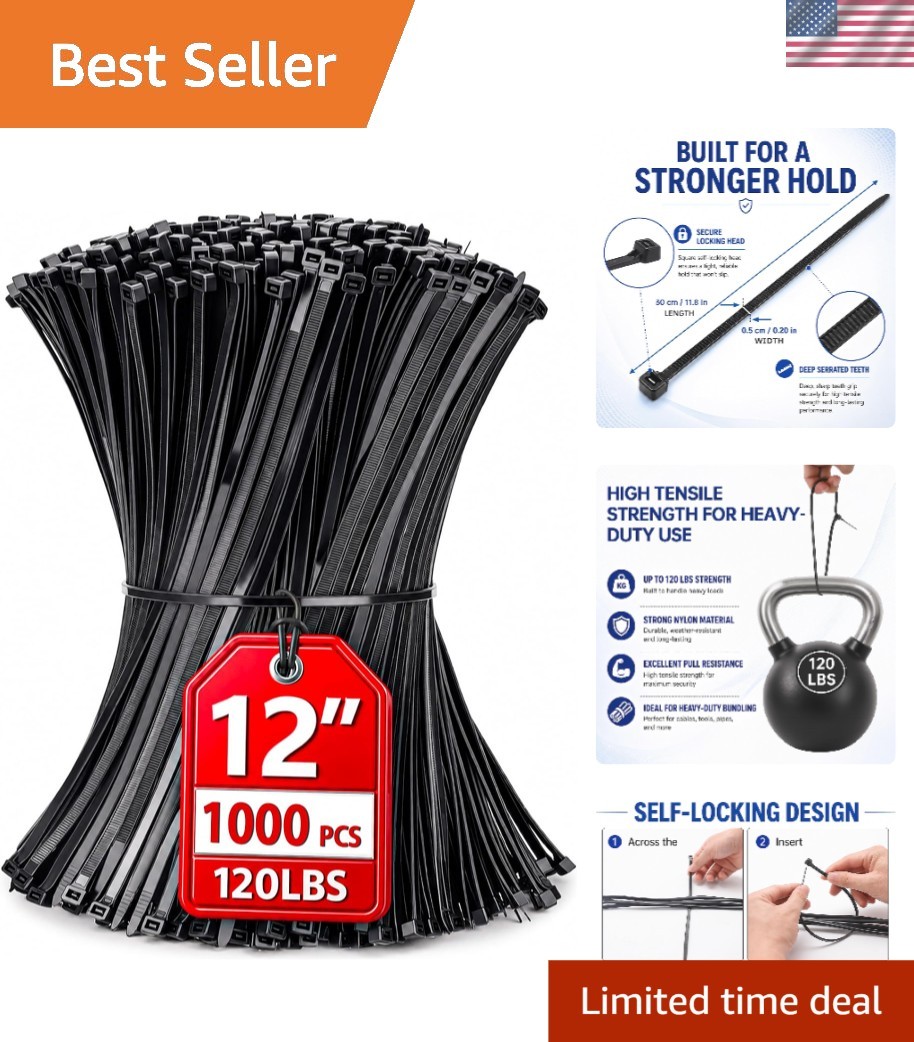 Heavy Duty 12" Zip Ties - 1000 Count for Indoor & Outdoor Security
