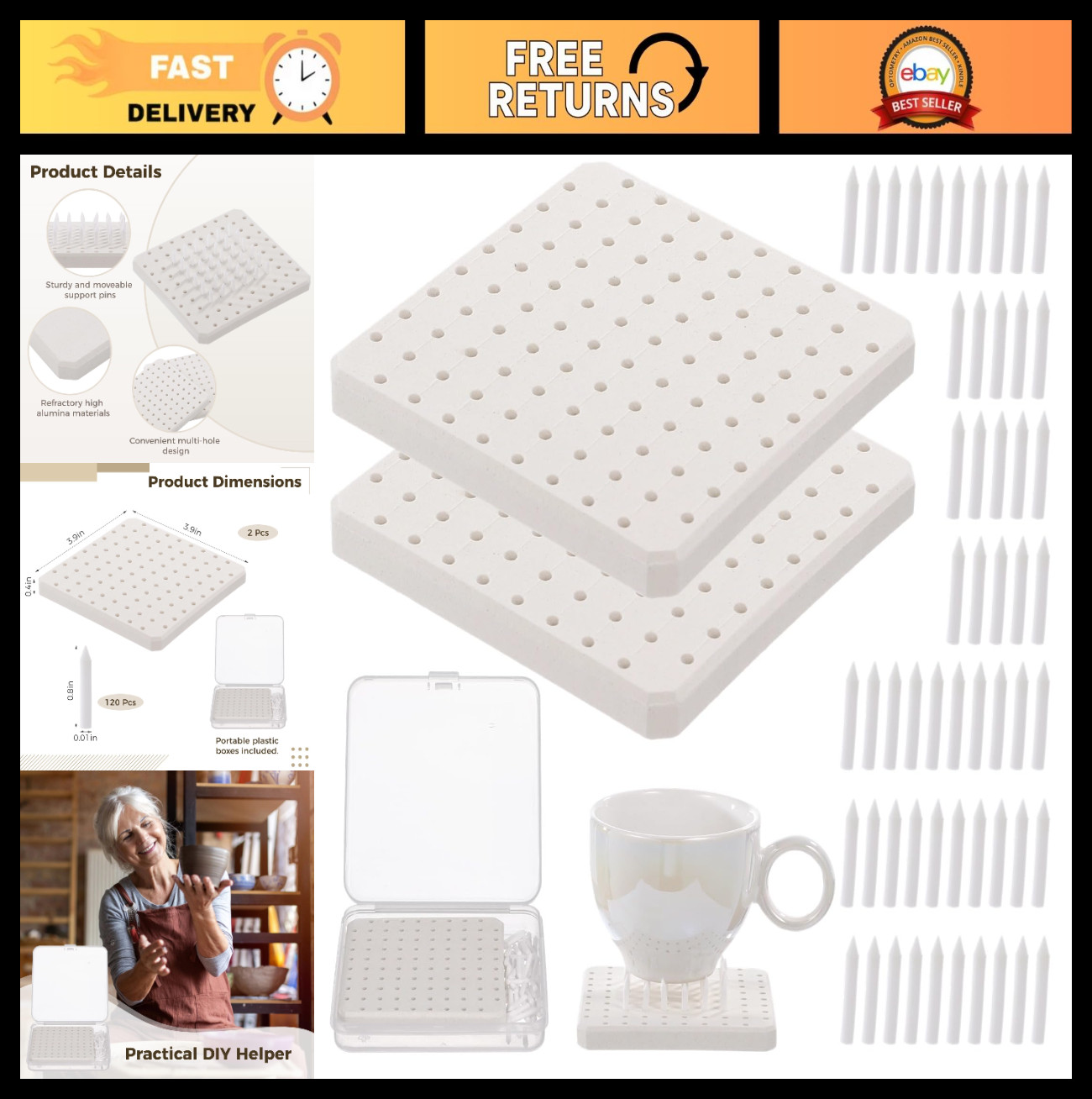 2 Ceramic Refractory Pads & 120 Kiln Stilts - High Temp Firing Mats for Pottery
