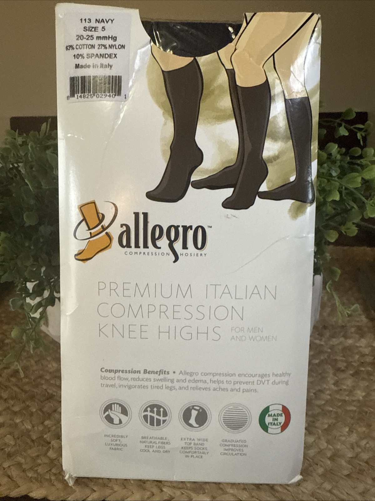 Allegro Premium Italian Compression Knee Highs Men/Women 113 Navy Sz5 20-25mmhg