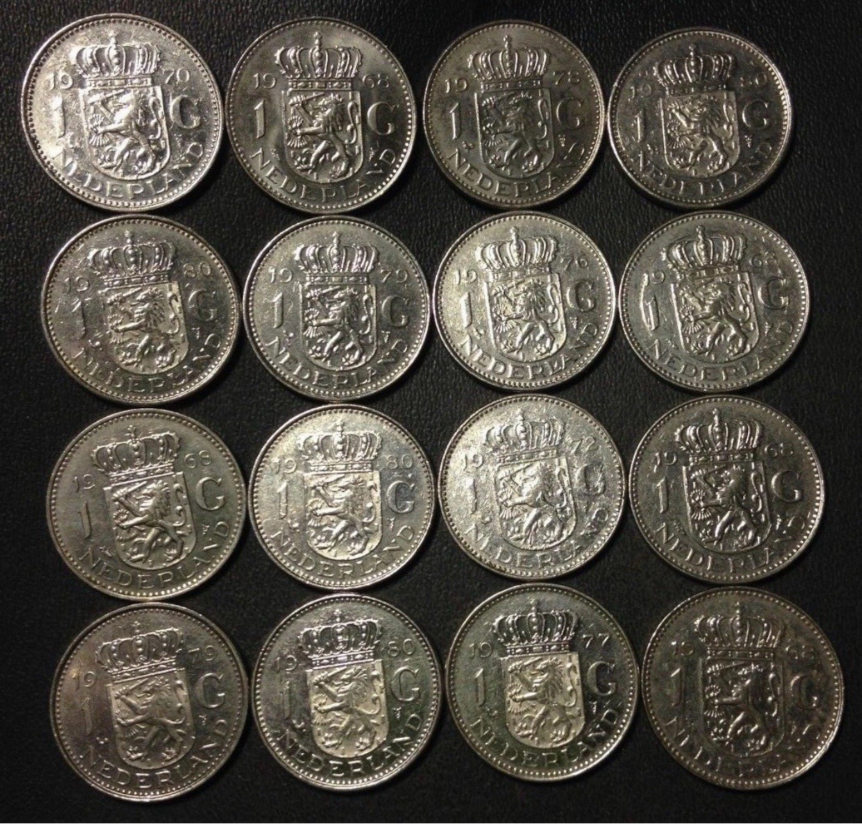 Vintage Netherlands Coin Lot - 16 GULDENS - Pure Nickel - Dutch- 16 Coins