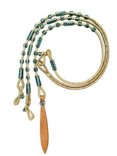 Showman Braided Natural Rawhide Romal Reins w/ Blue Rawhide Beads-Leather Popper