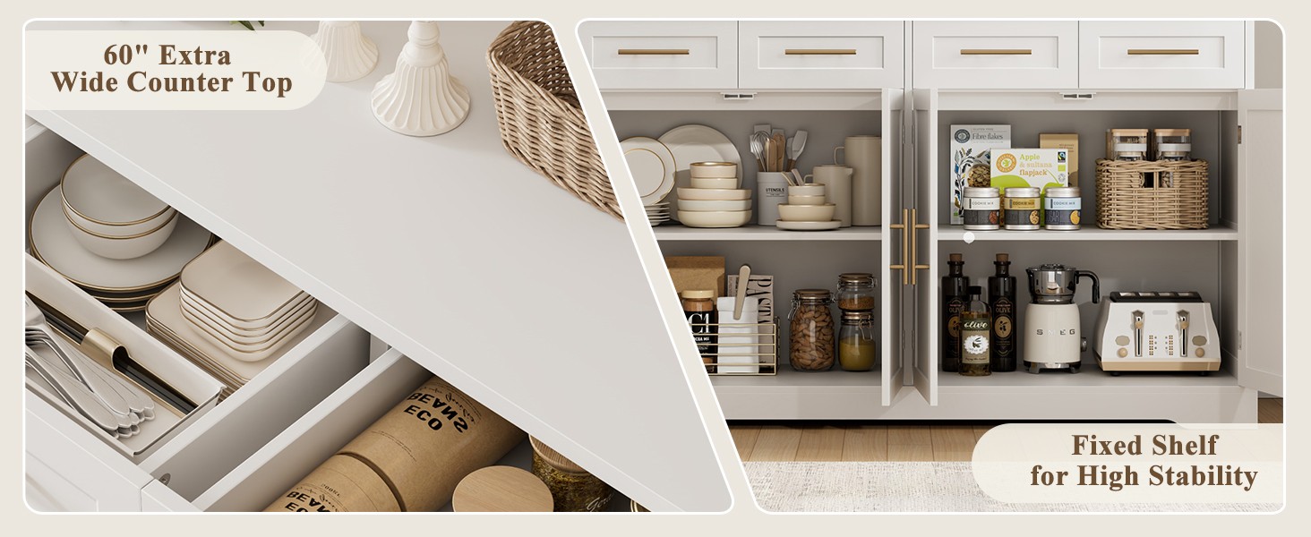 HOSTA 60" Lar Buffet Sideboard with Stora, 36" Tall Kitchen Buffet