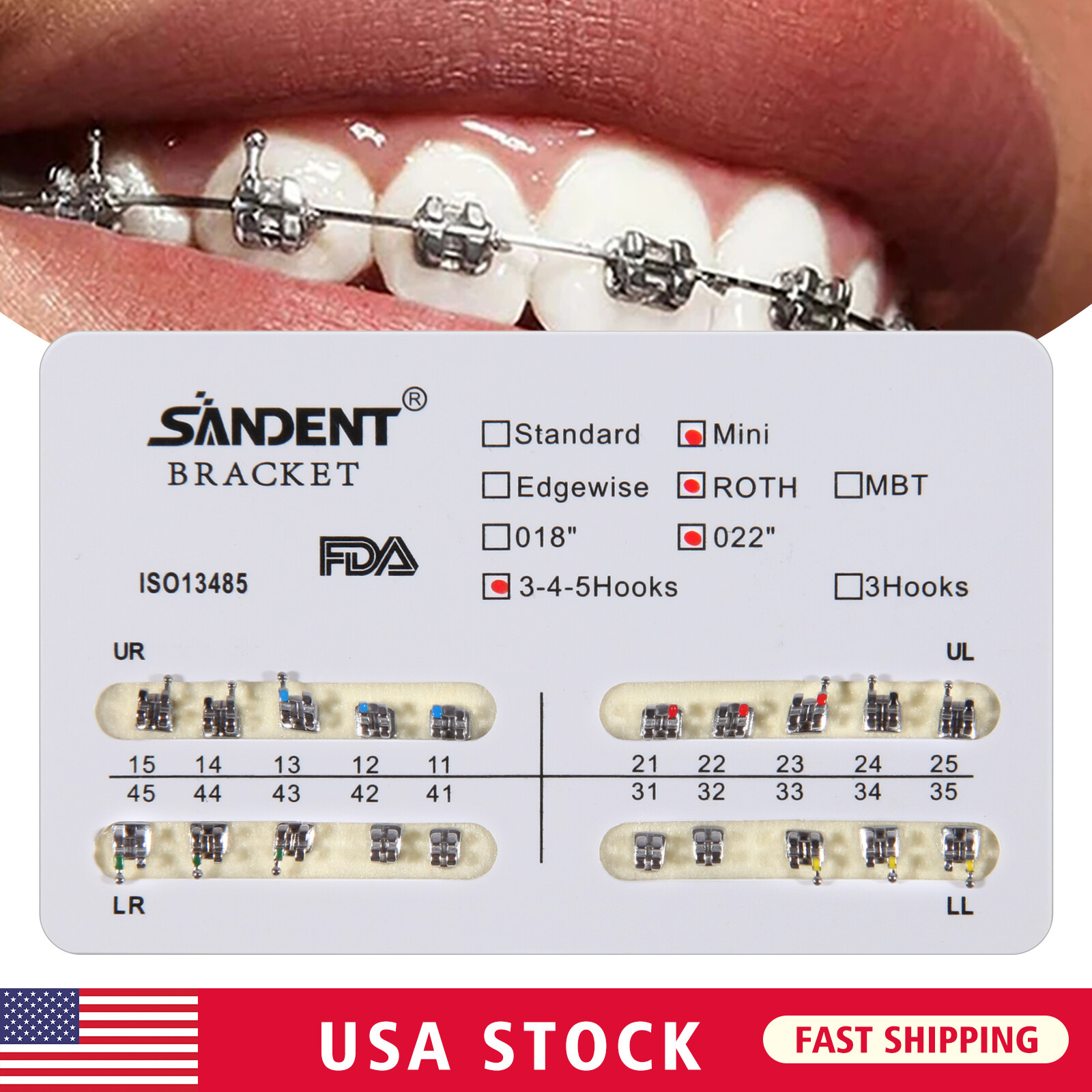 10 Packs Dental Orthodontic Braces Brackets Mini Roth 022"Slot w/ 3 4 5 Hooks