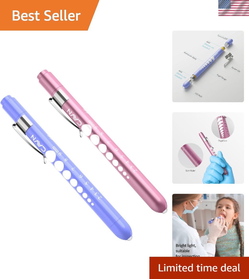 2 Pcs LED Medical Penlights with Pupil Gauge for Nurses - Rose Pink/Purple
