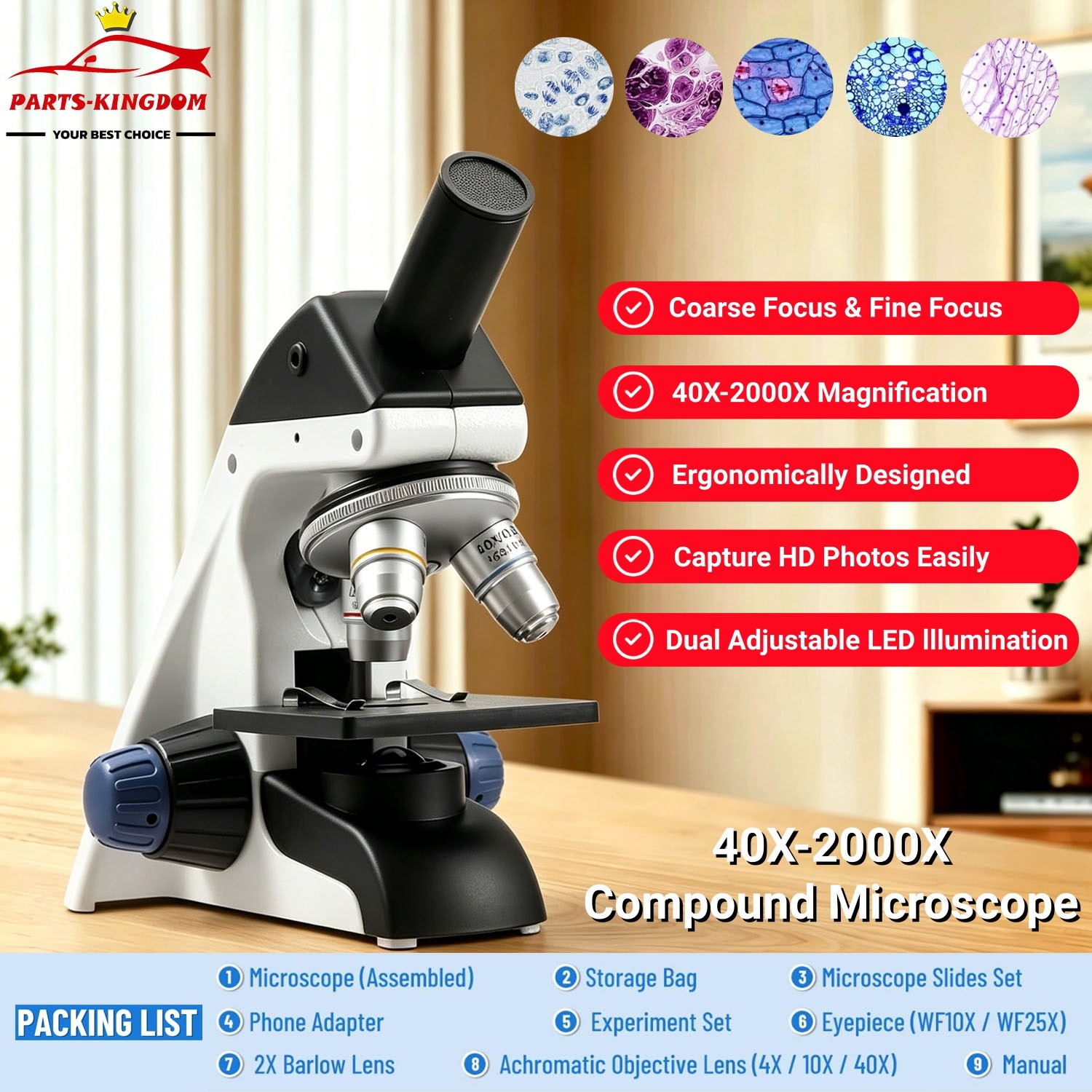 40X-2000X HD Microscope Set, Coarse&Fine, w/ Phone Adapter,Dual LED Illumination