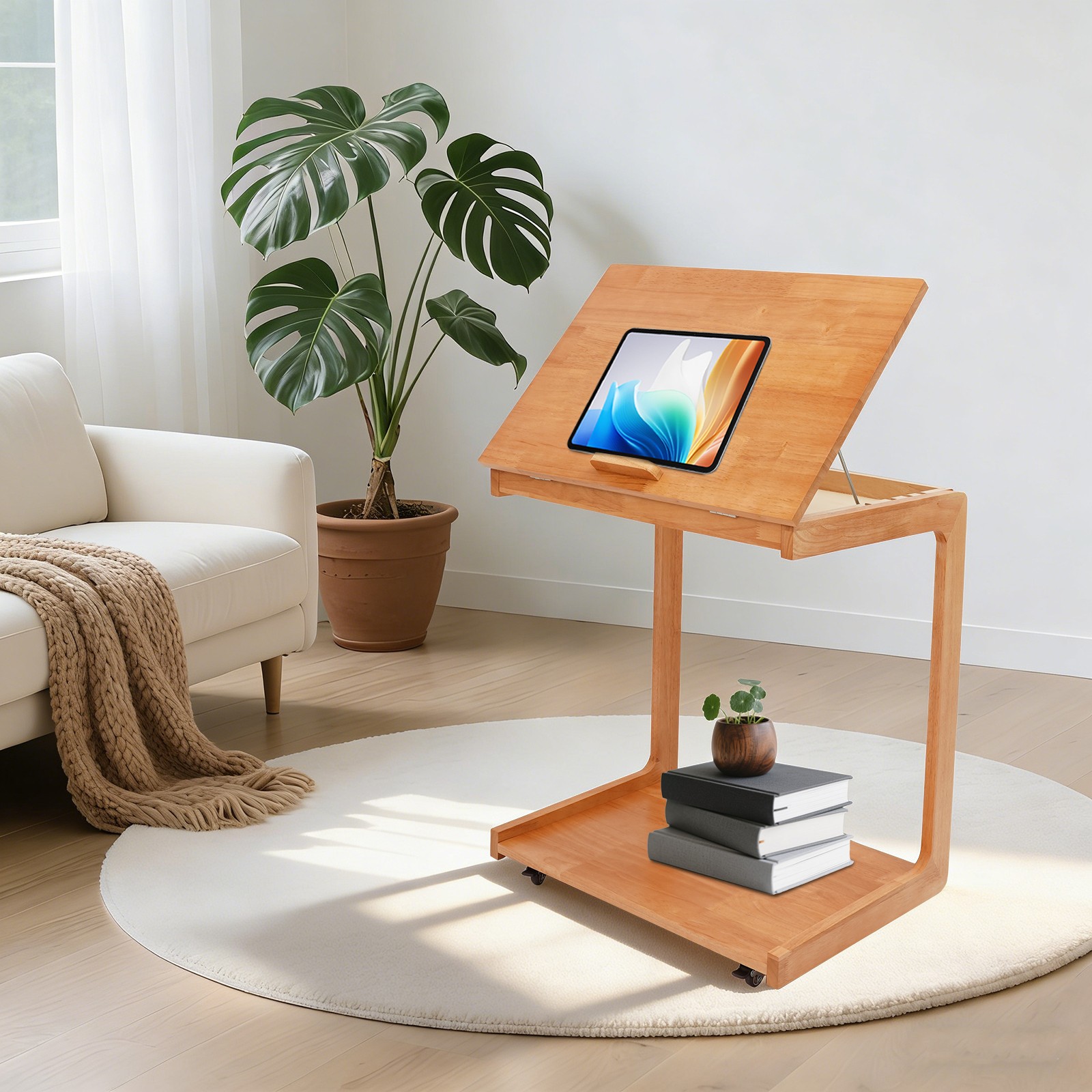 Small Rolling Wooden C-Shaped Side Table w/ Adjustable Flip Desktop, Wood Color