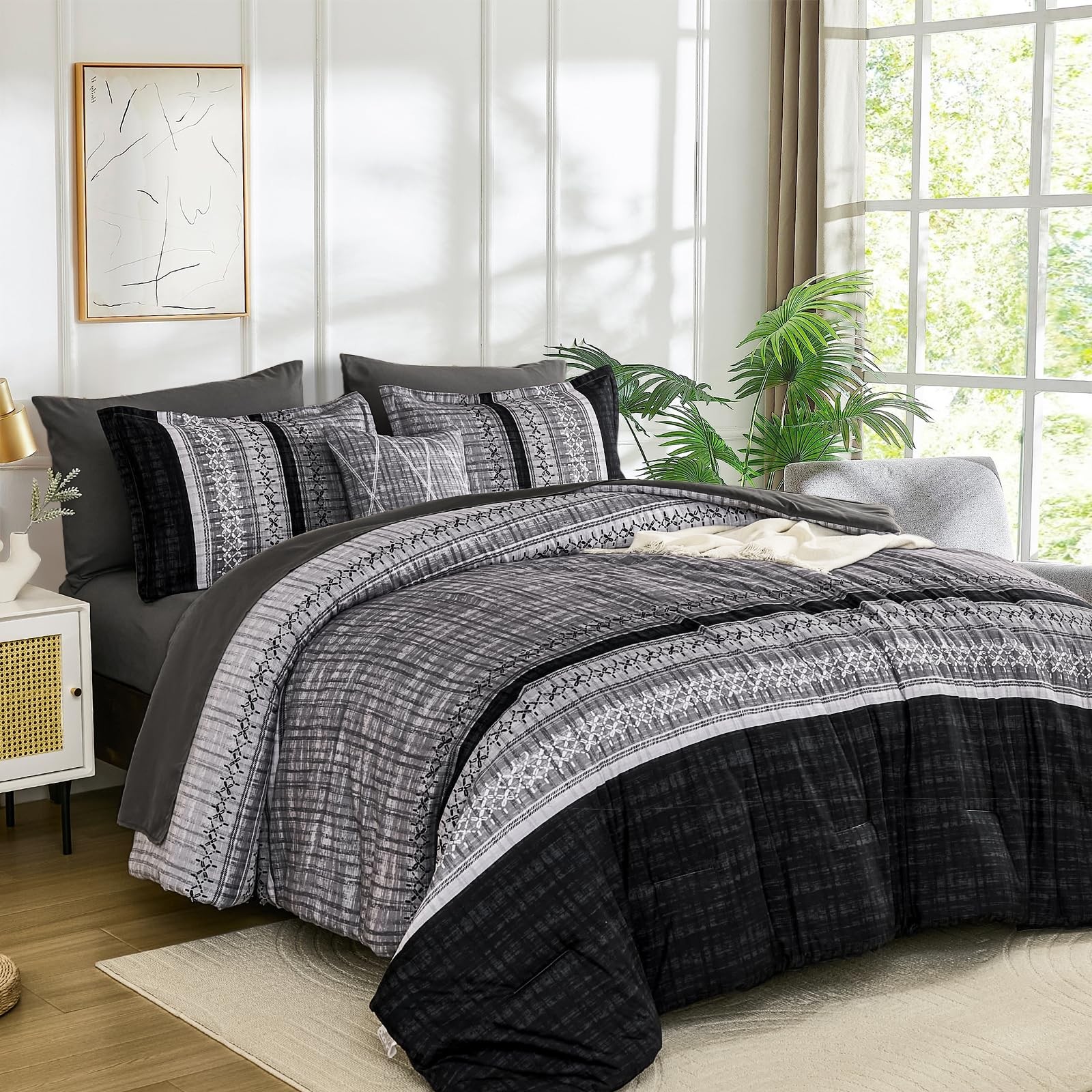 Comforter Set King 90 103 8 Pieces Boho Striped Microfiber Black Dintszyayue
