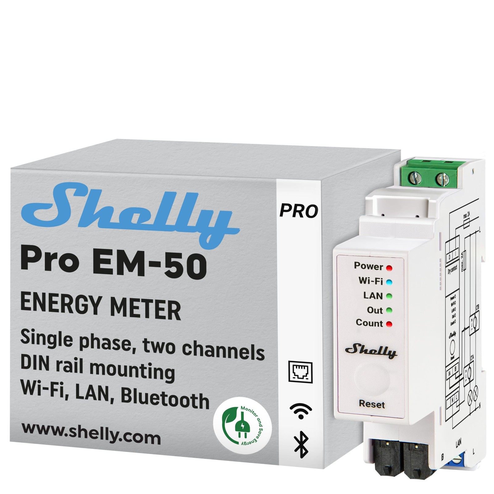 Shelly Pro EM 50A | Wi-Fi & LAN Energy Meter with Contactor 50A, White