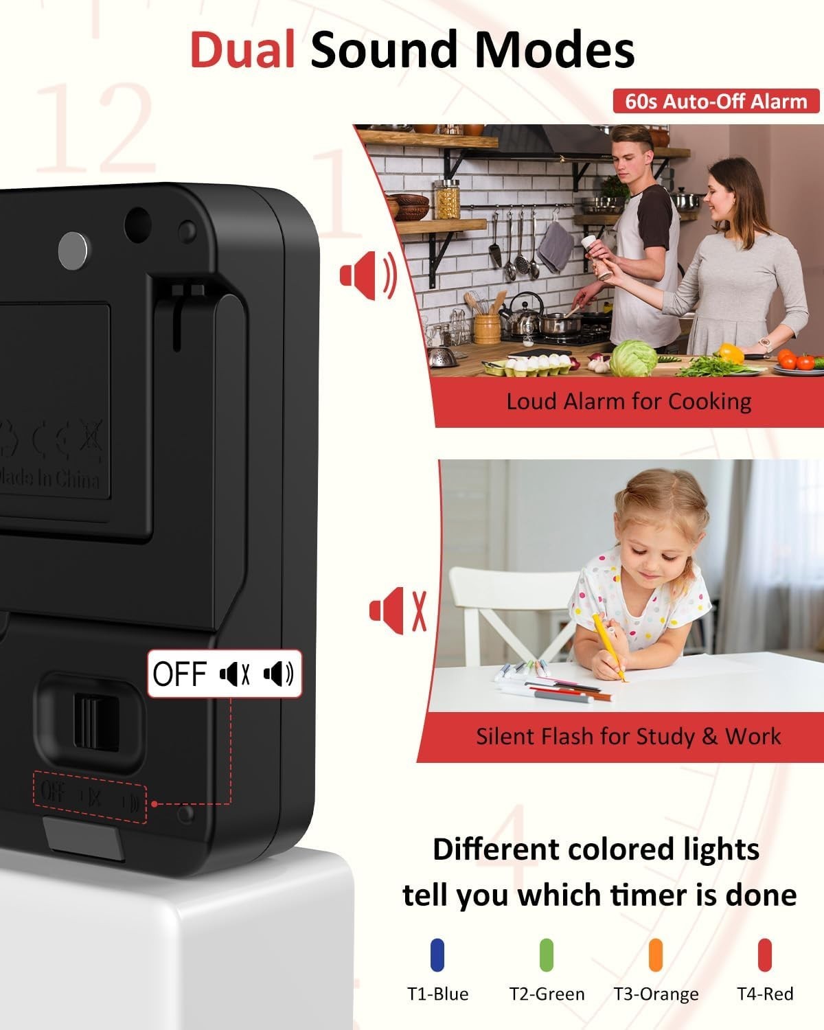 Digital Kitchen Timer for Cooking - 4 Channel Count Up Countdown Timer with L...