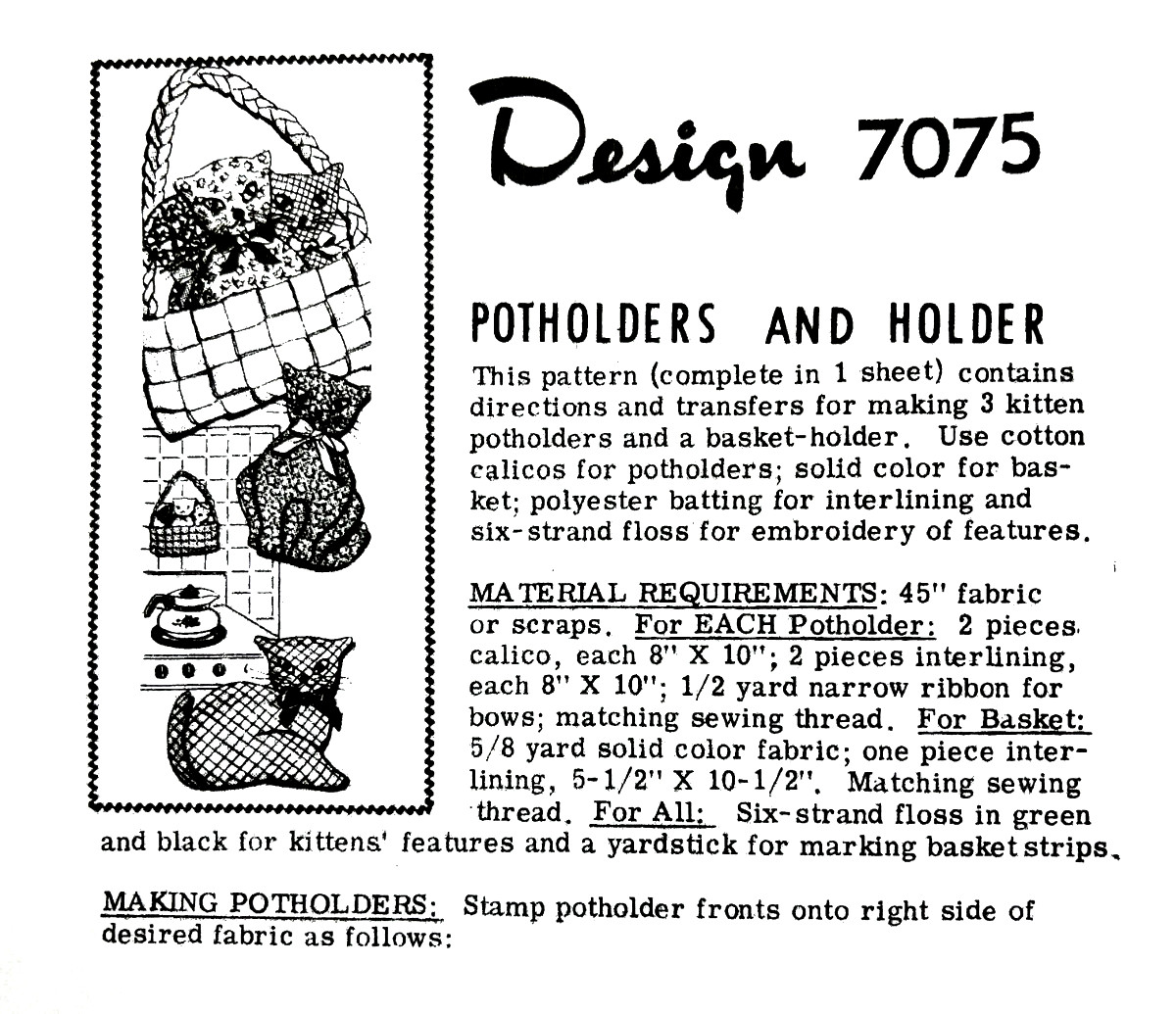 Kitten Potholder and Basket to showcase them in. (Sewing Pattern)7075 (Reprint)