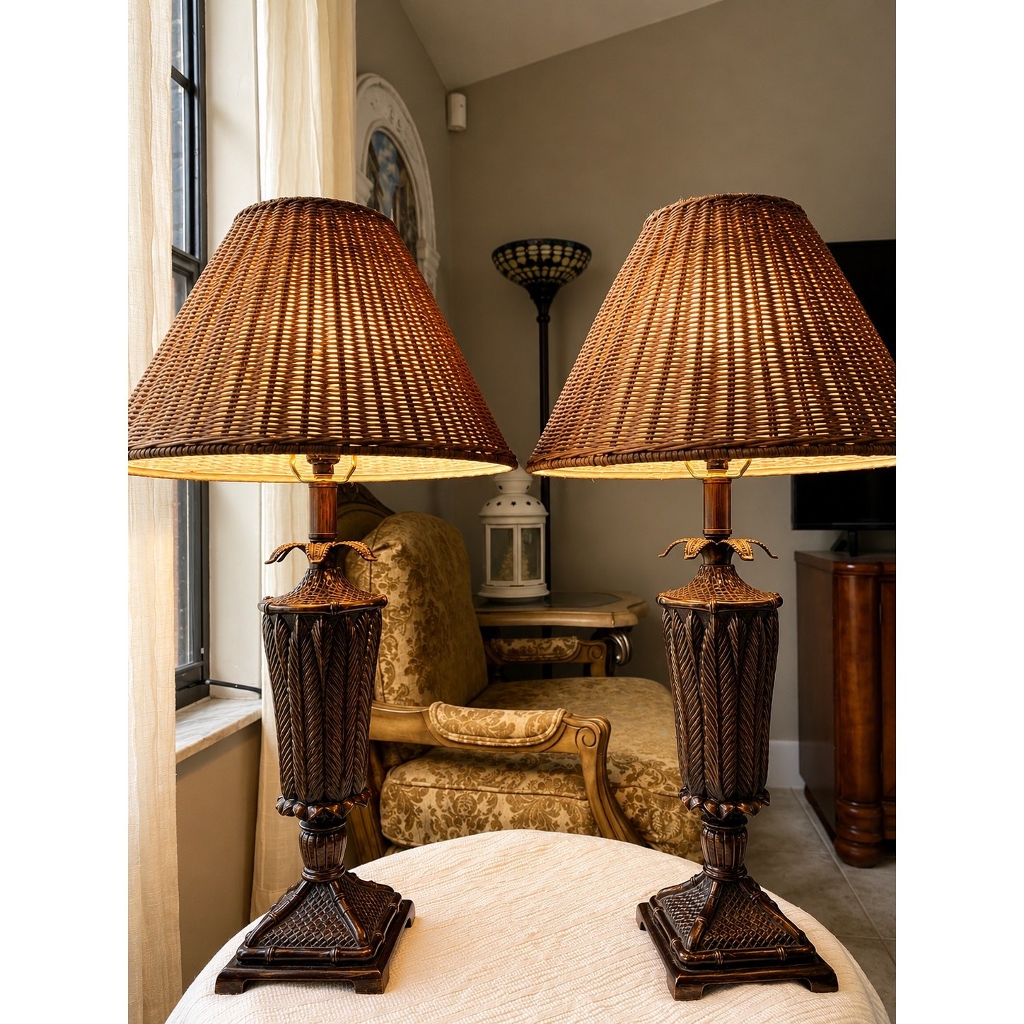 Pair Tropical Palm Tree Table Lamps Wicker Shades Coastal Island palm beach