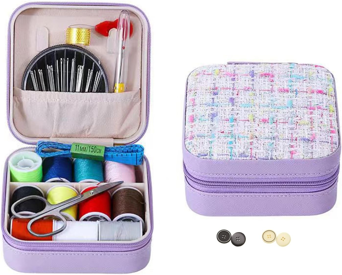 Mini Sewing Kit in Stylish Leather Case – Complete Set with Scissors, Purple