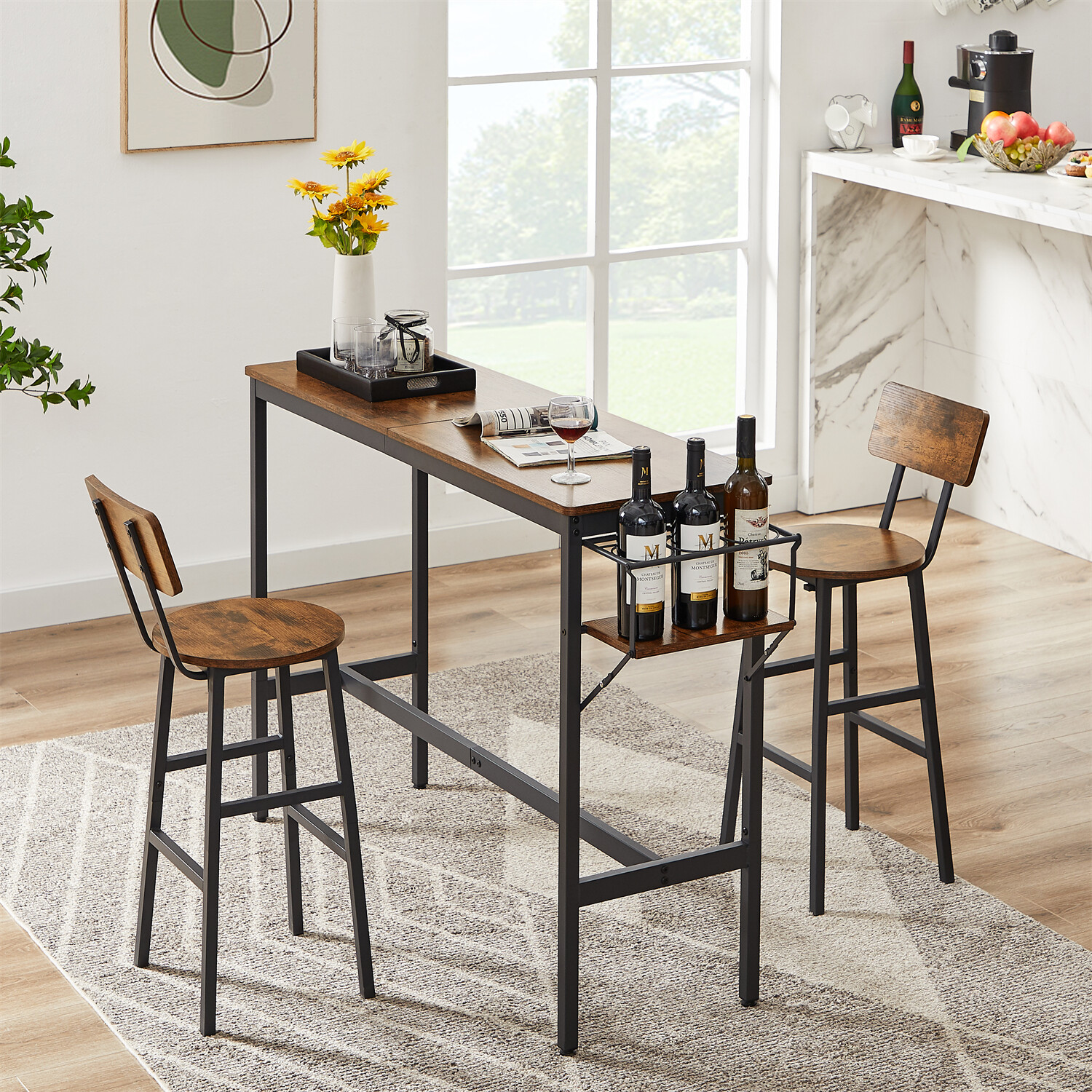 3/5 Piece Bar Table Set Counter Height Kitchen Dining Pub Table with Bar Stools