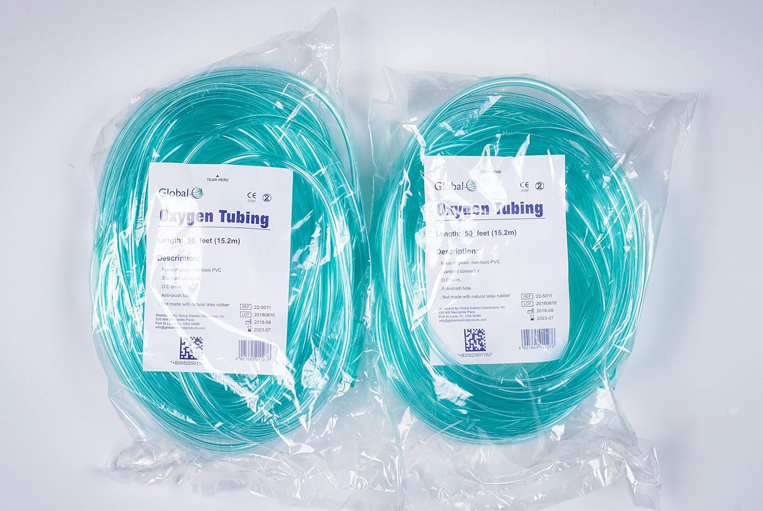 Global Crush Resistant Oxygen Tubing - 50'(50 Ft) Tubing, Green - 2 Pack