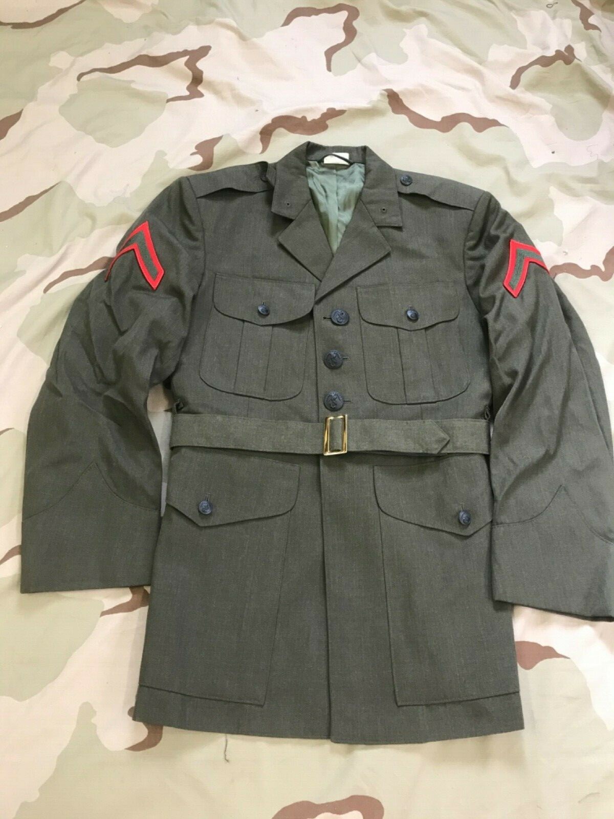 US MARINE COAT GREEN GABARDINE JACKET POLY/WOOL BELT DRESS ALPHA UNIFORM SZ 39L