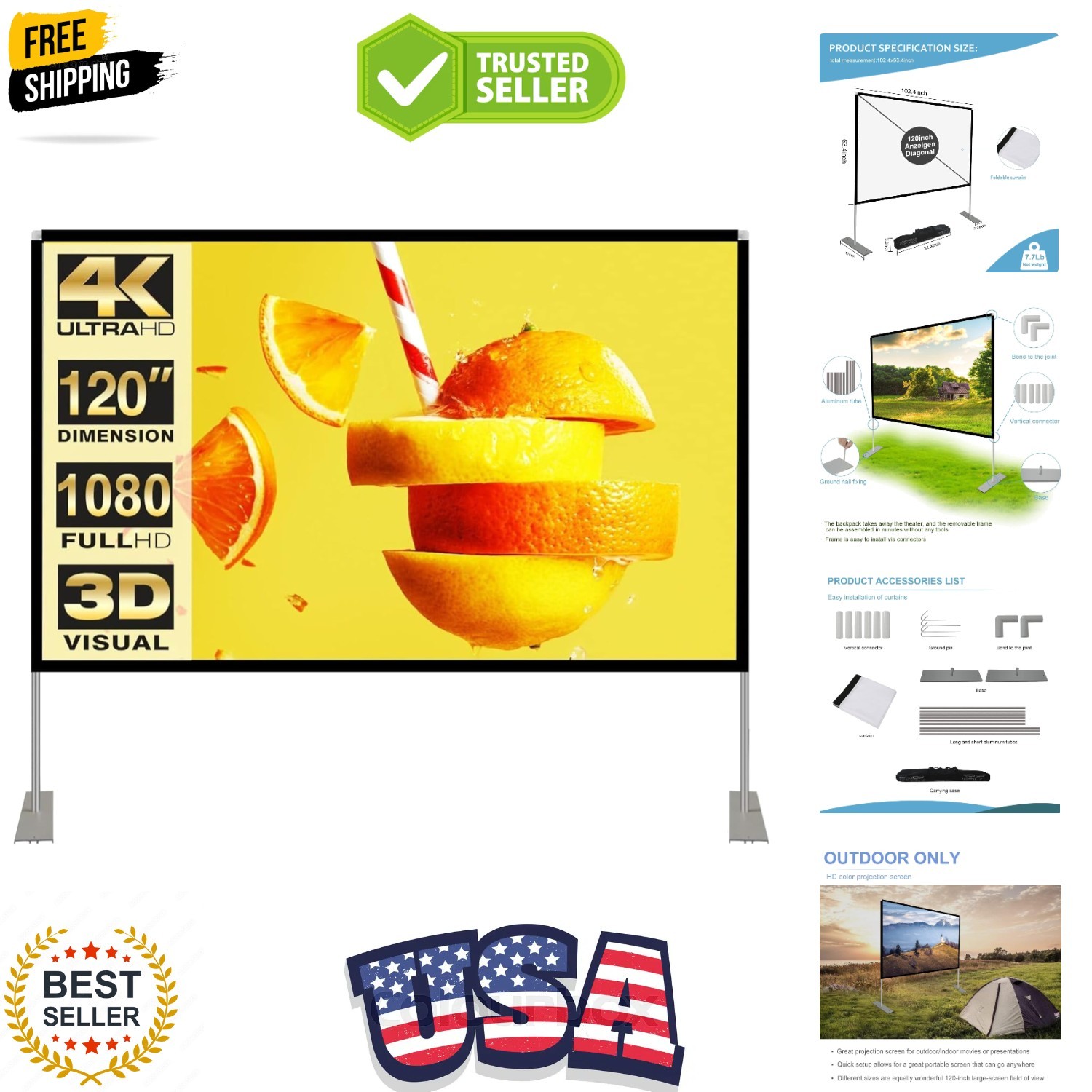 Projector Screen with Stand 120 inch 16:9 HD 4K Outdoor Indoor Projection Scr...